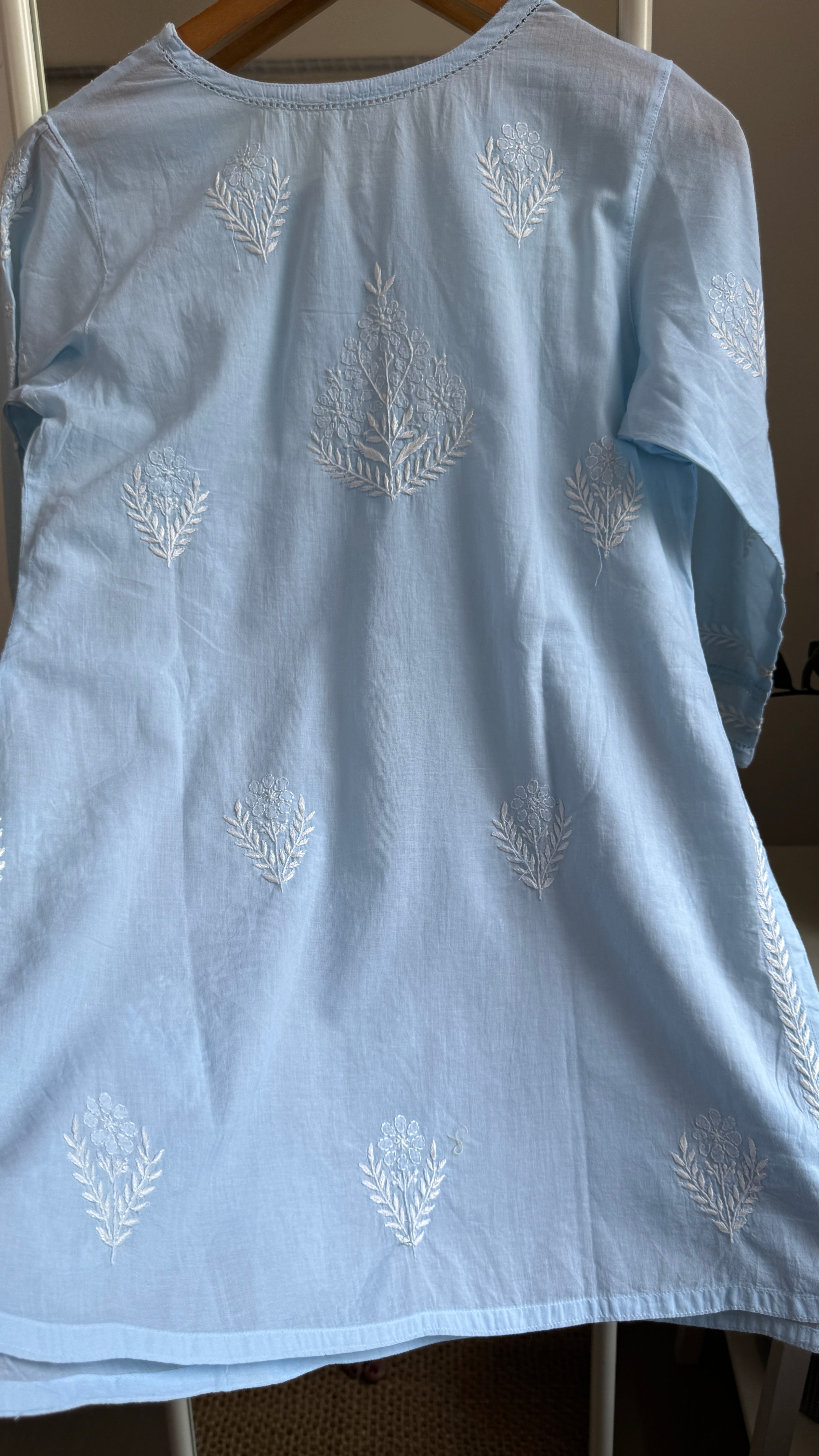Mul Cotton Chikankari Full sleeves short Top - Blue - ZOYA Collection
