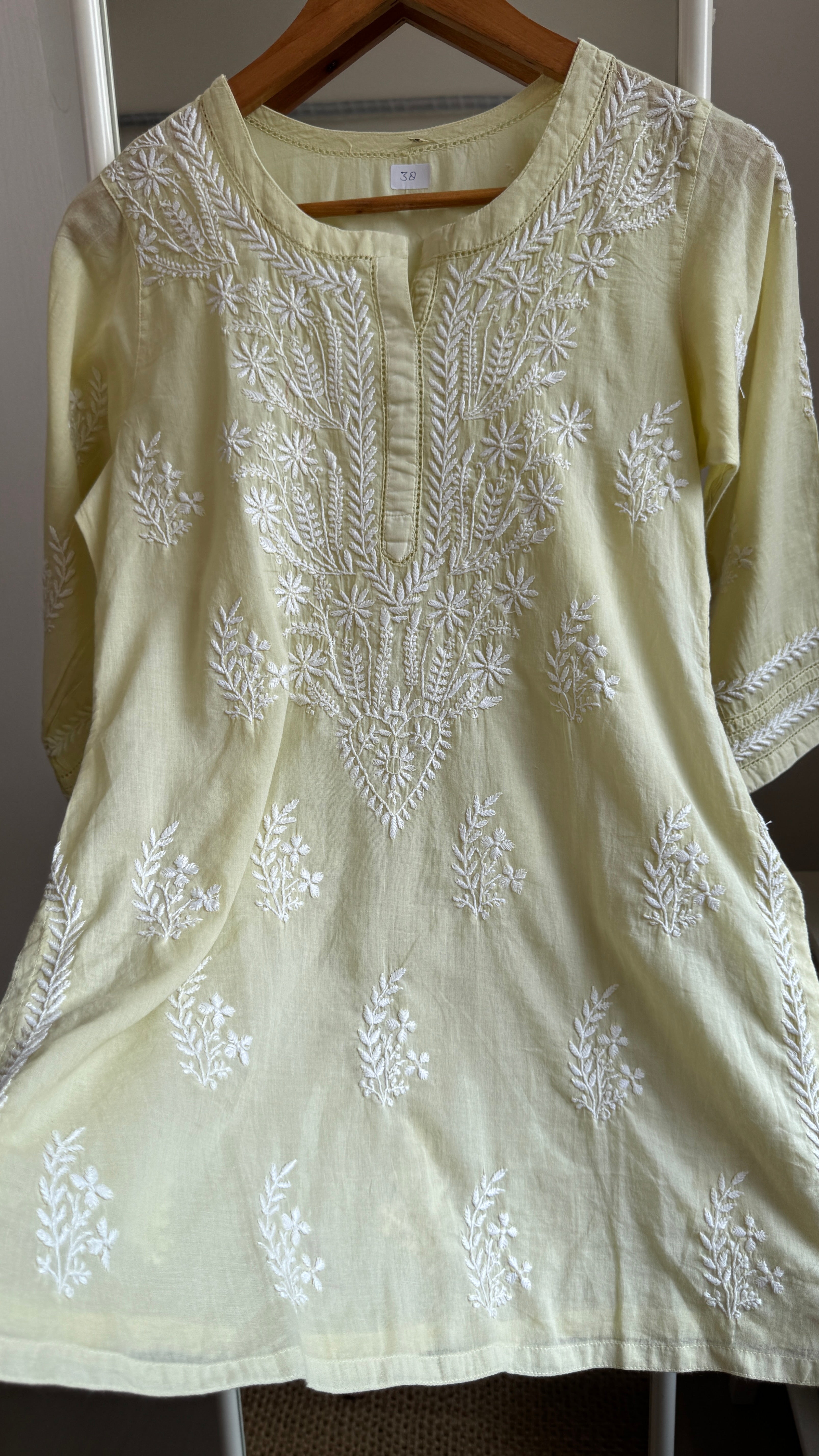 Mul Cotton Chikankari Full sleeves short Top - Light Green - ZOYA Collection