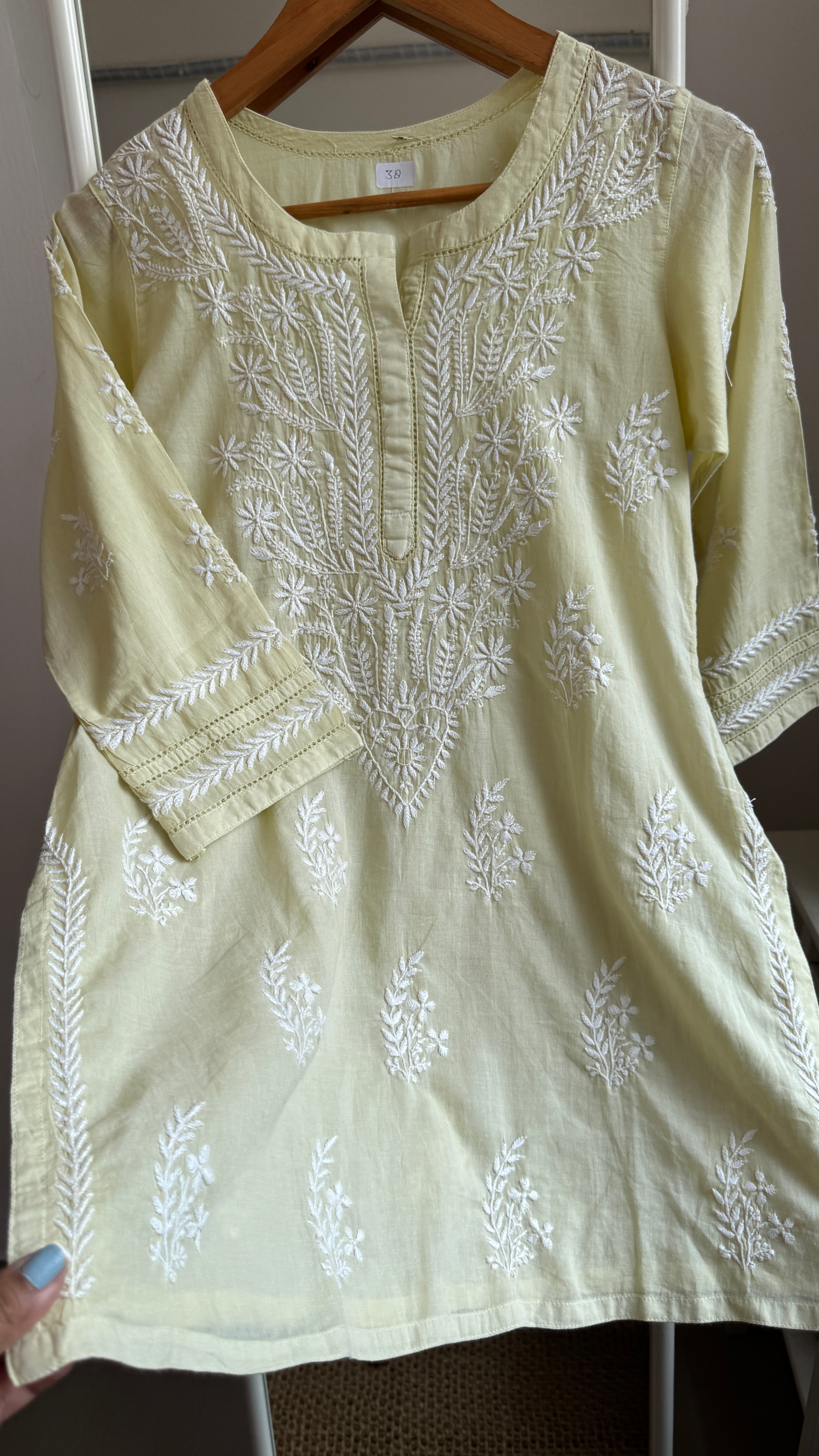 Mul Cotton Chikankari Full sleeves short Top - Light Green - ZOYA Collection