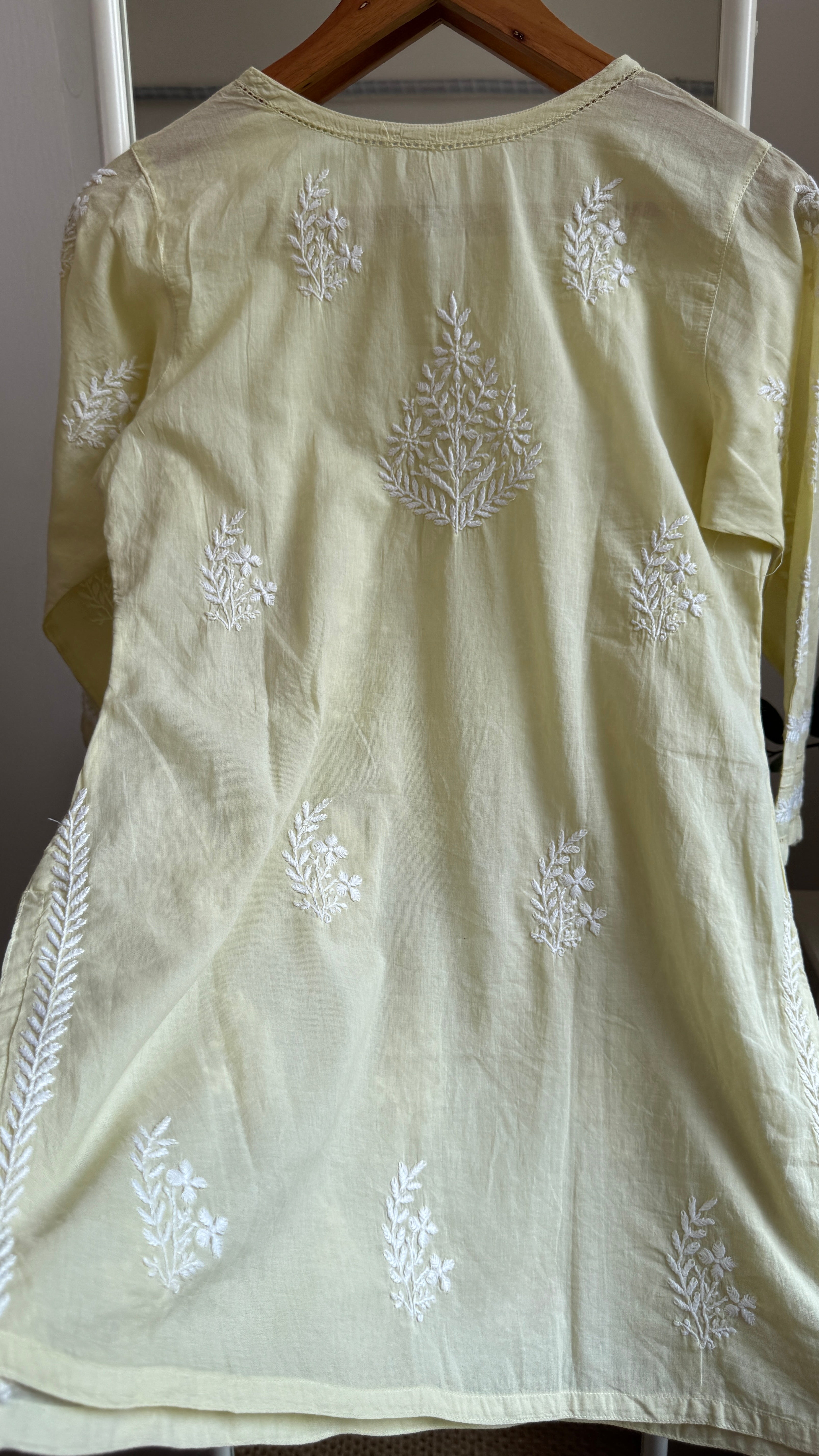 Mul Cotton Chikankari Full sleeves short Top - Light Green - ZOYA Collection