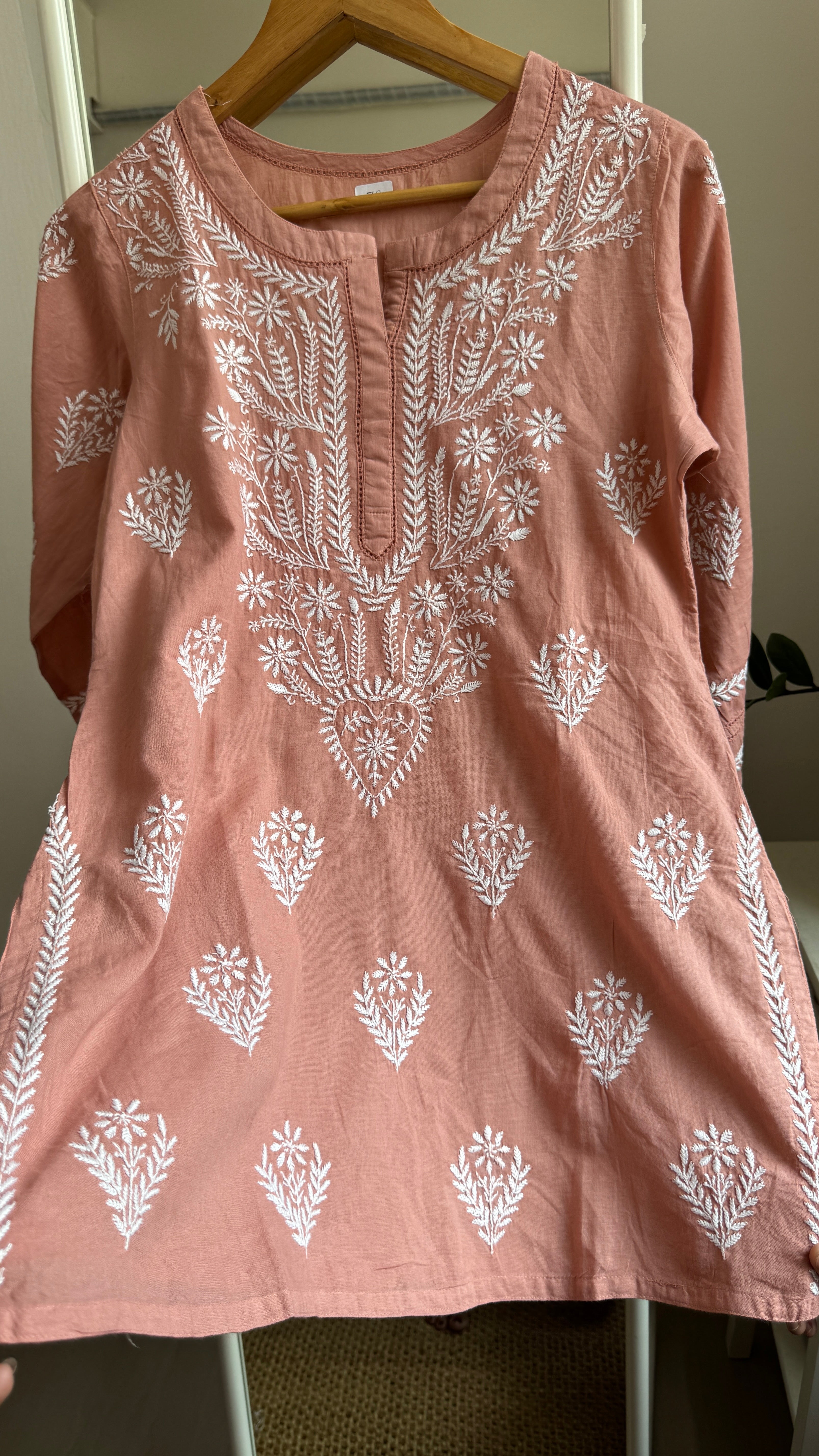 Mul Cotton Chikankari Full sleeves short Top - Brown - ZOYA Collection