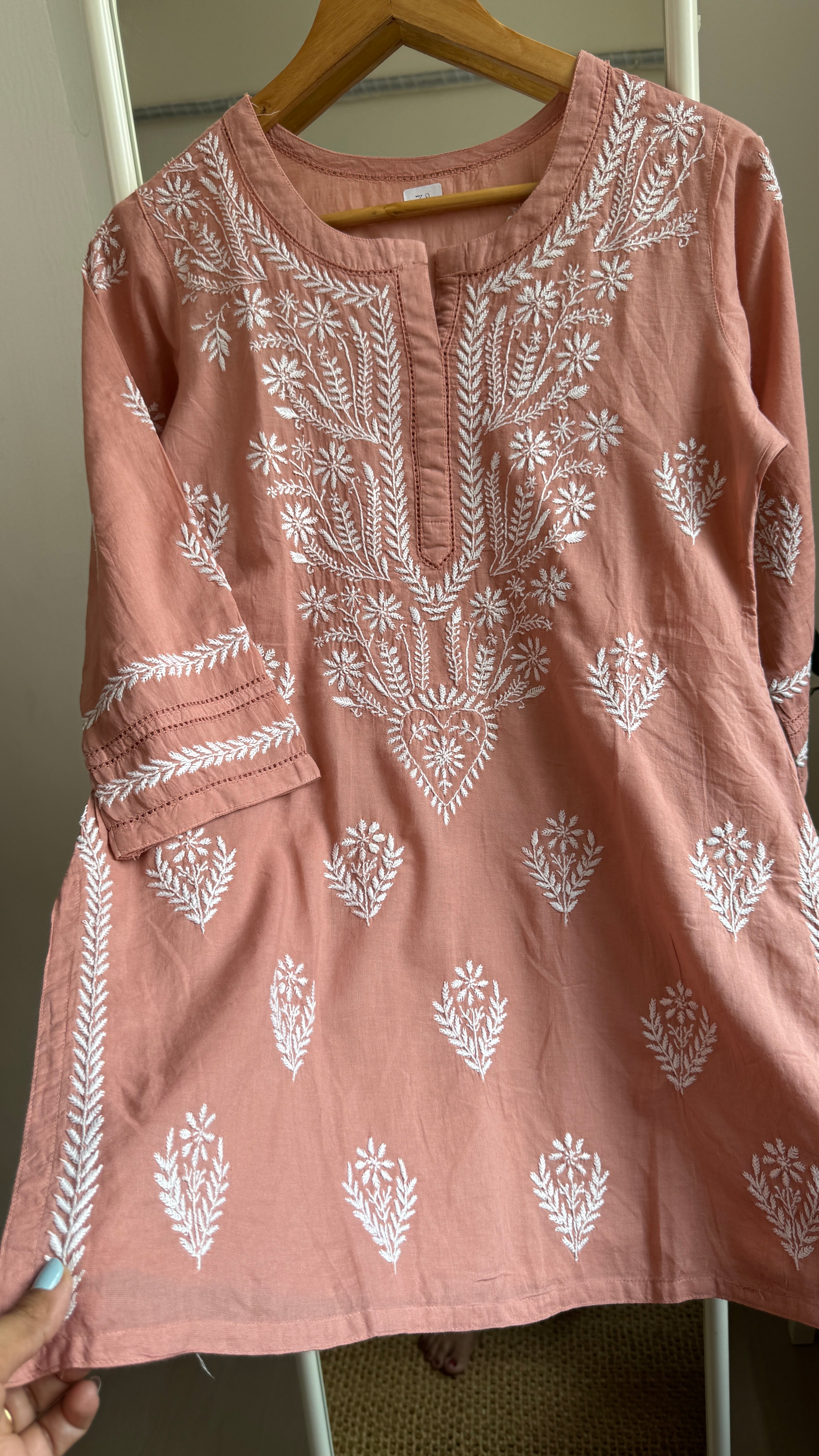 Mul Cotton Chikankari Full sleeves short Top - Brown - ZOYA Collection