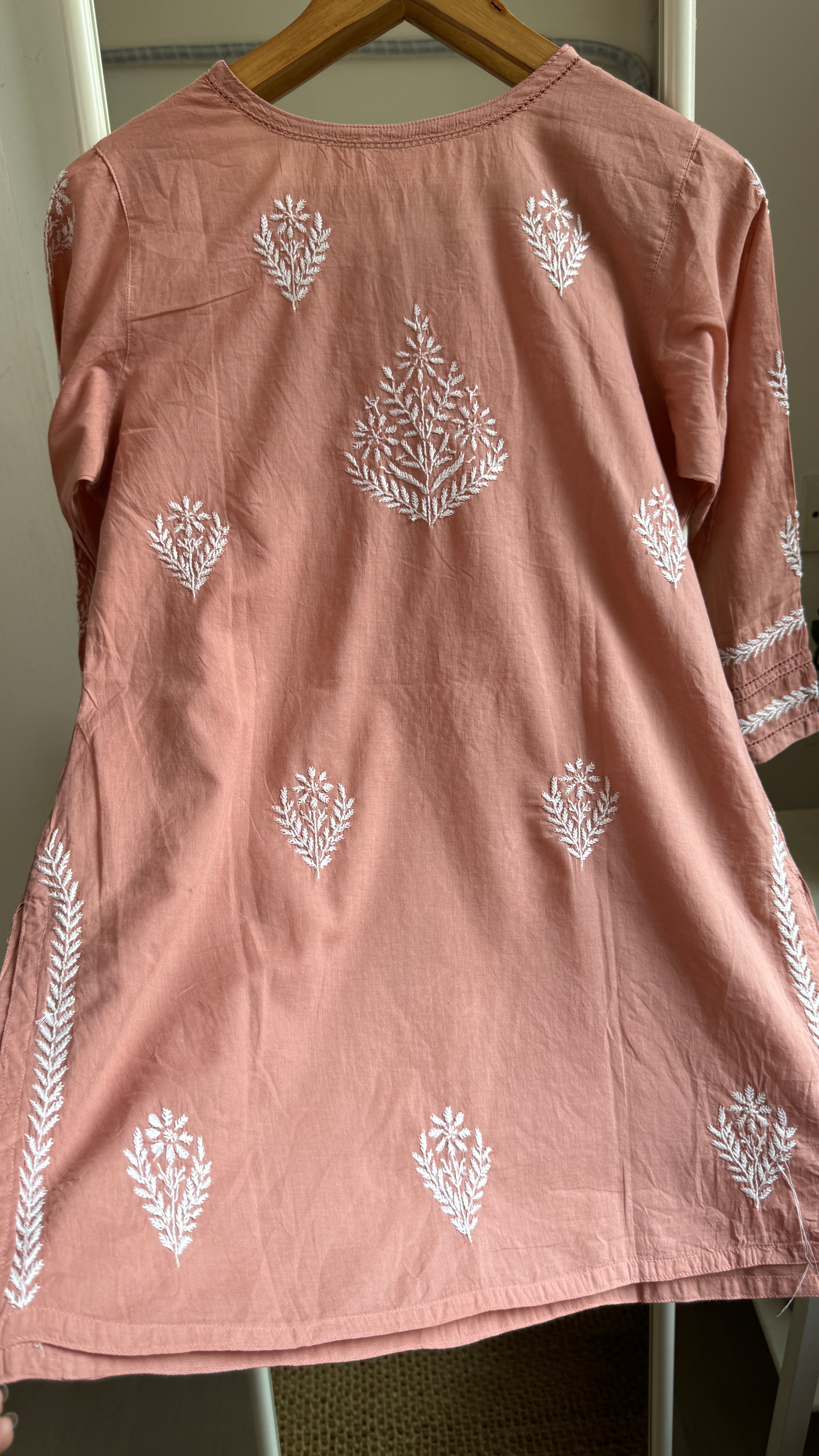 Mul Cotton Chikankari Full sleeves short Top - Brown - ZOYA Collection