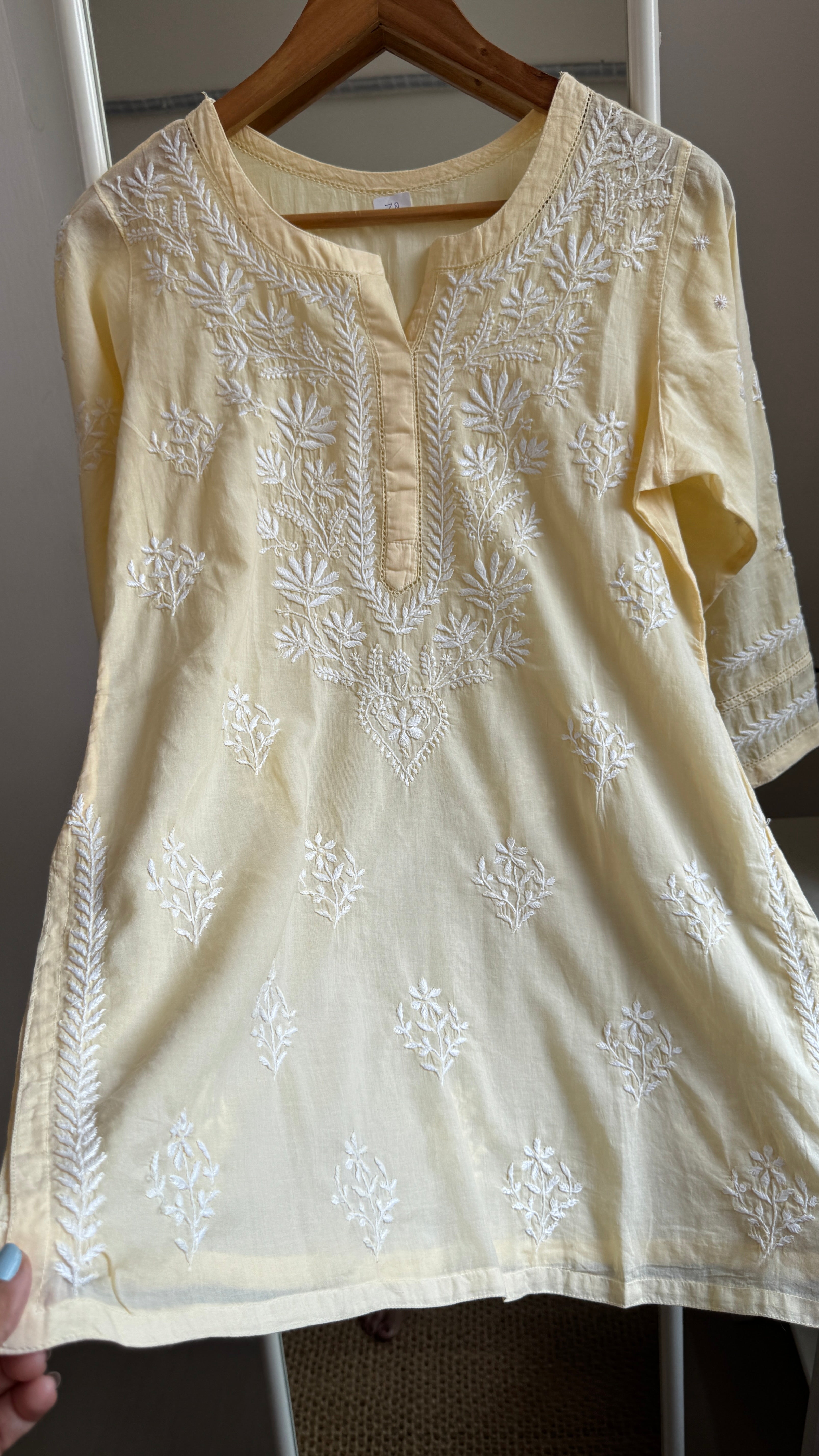 Mul Cotton Chikankari Full sleeves short Top - Cream Yellow - ZOYA Collection