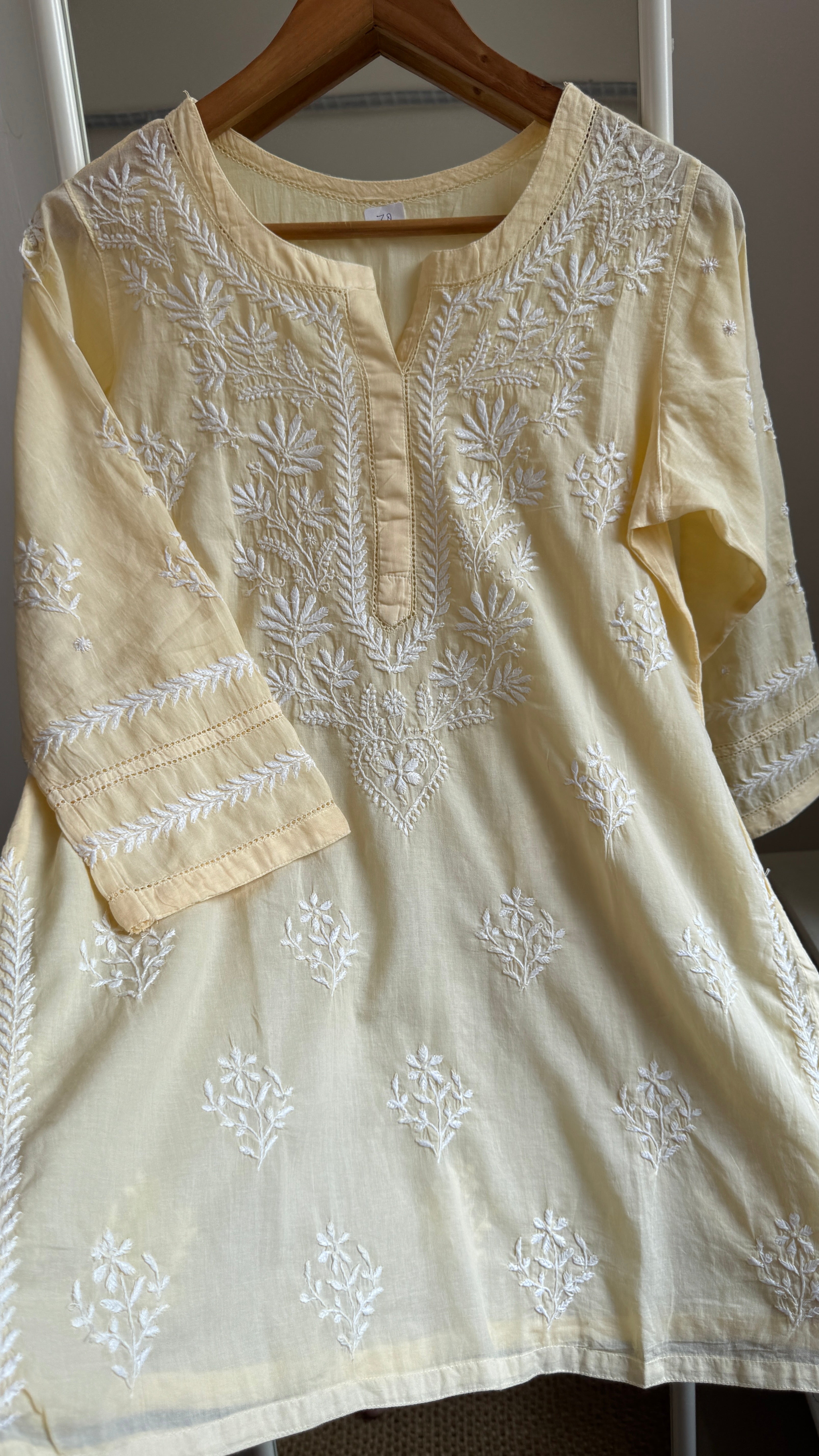 Mul Cotton Chikankari Full sleeves short Top - Cream Yellow - ZOYA Collection