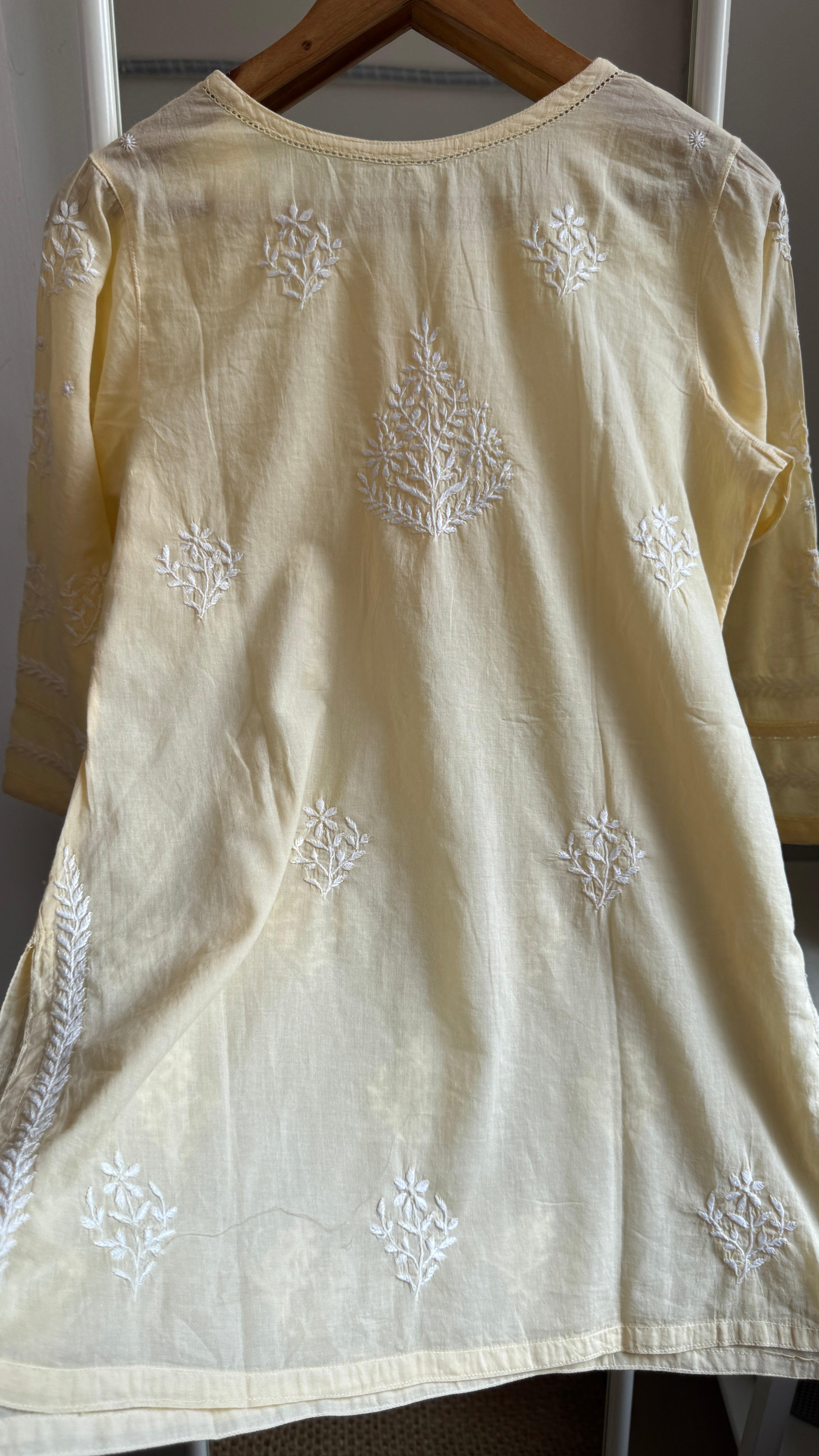Mul Cotton Chikankari Full sleeves short Top - Cream Yellow - ZOYA Collection