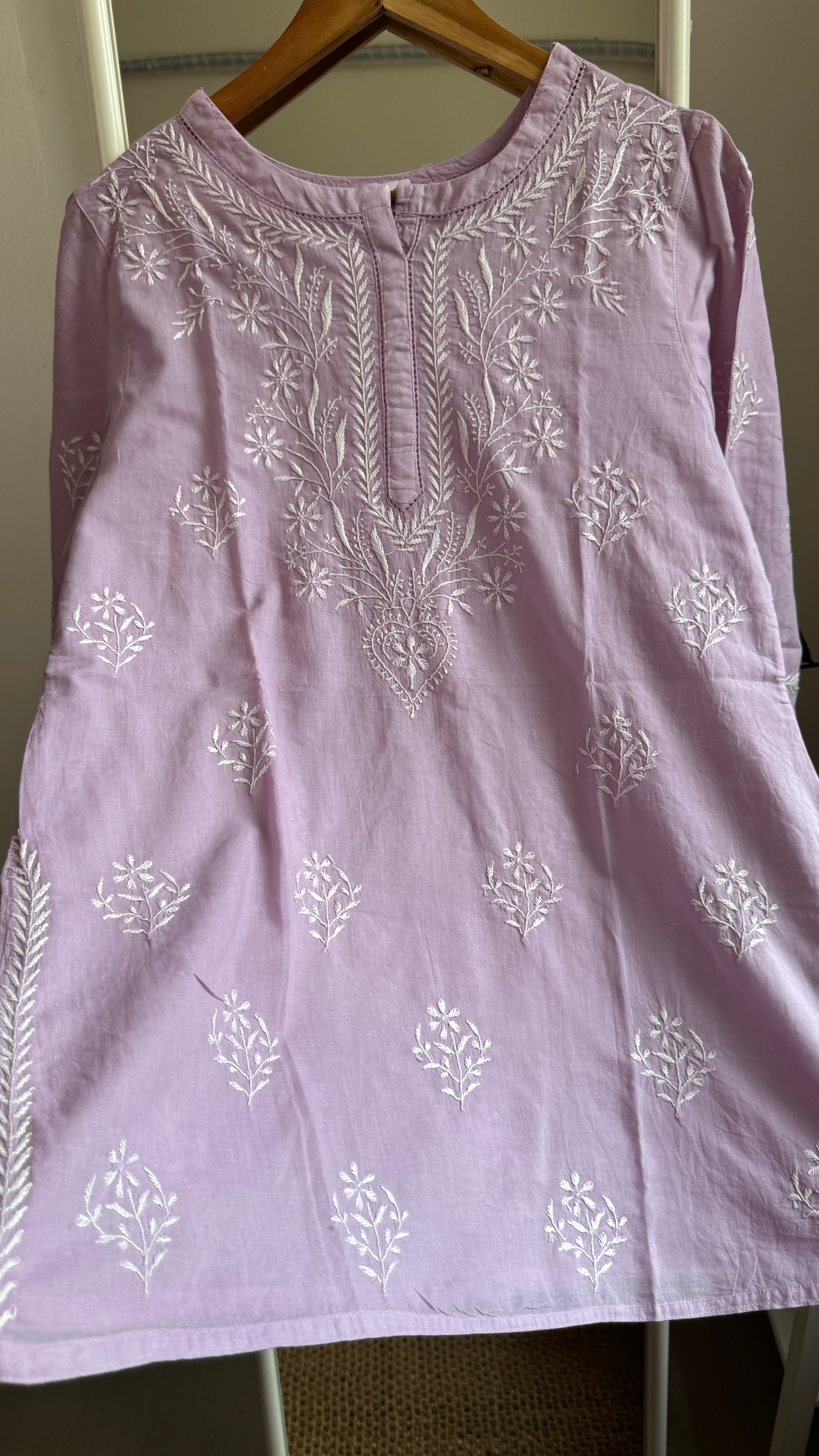 Mul Cotton Chikankari Full sleeves short Top - Mauve - ZOYA Collection