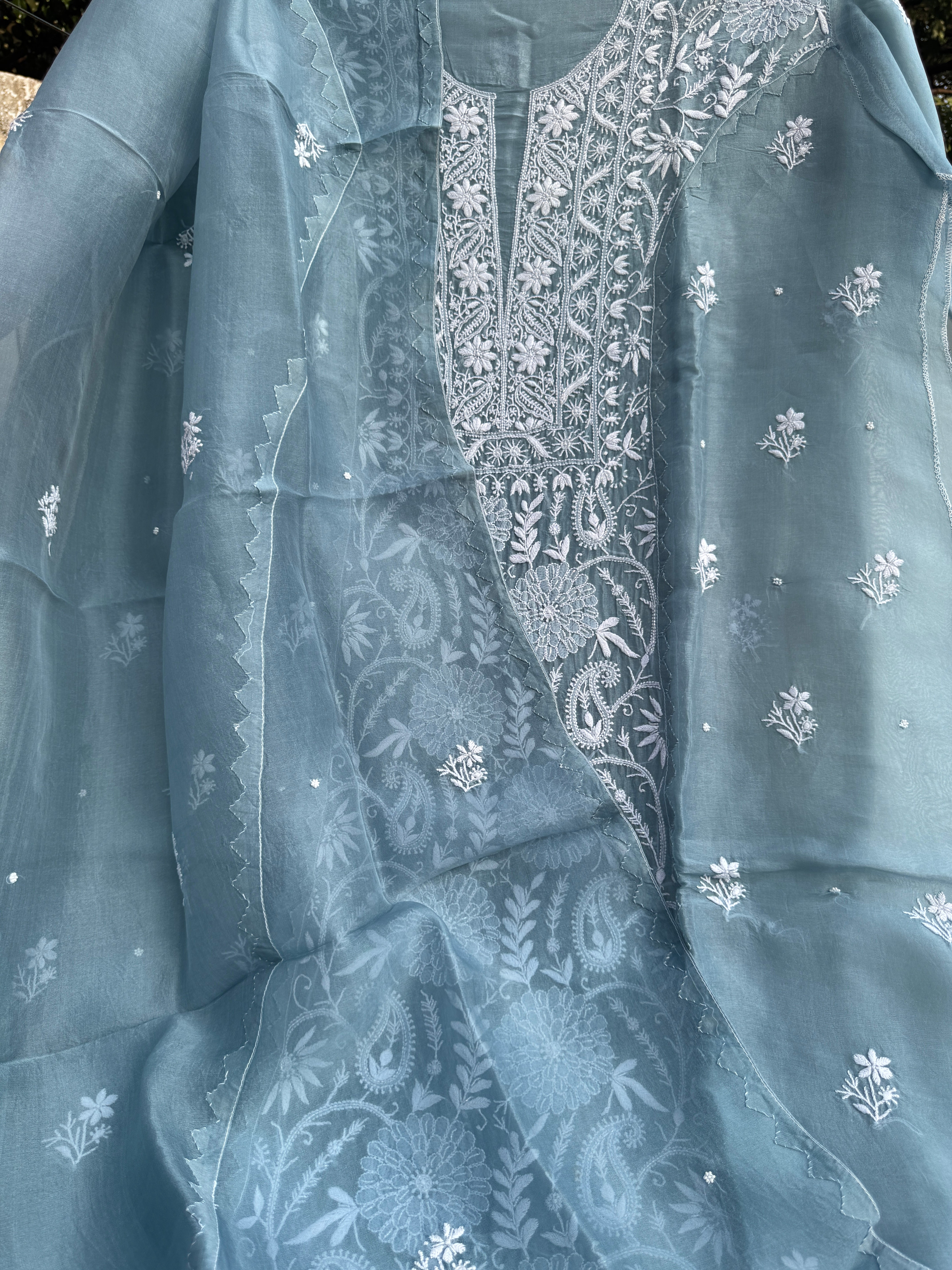 Organza Chikankari Length with Dupatta (Pearl Work) - Blue Grey