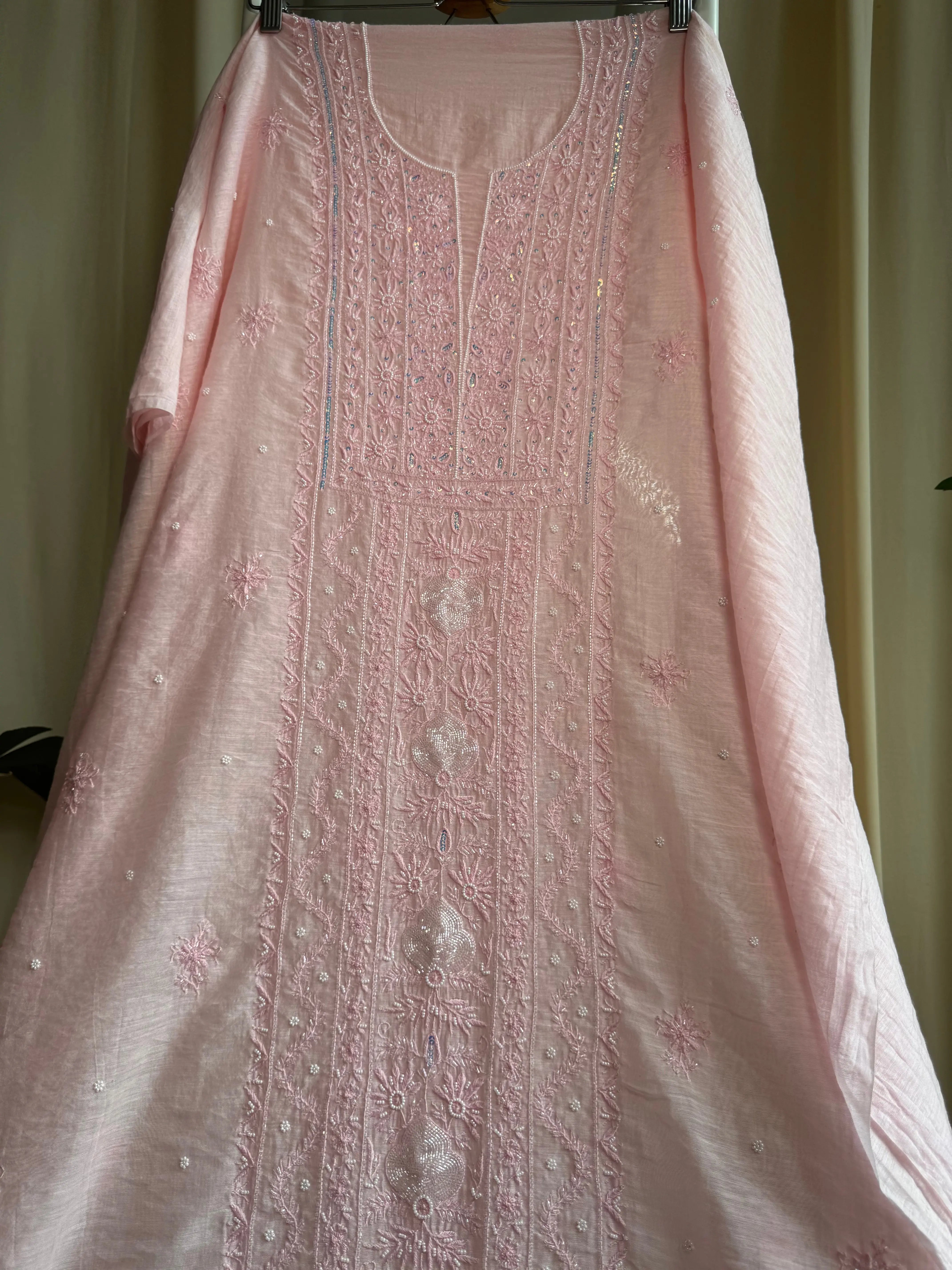 Mul Chanderi Semi stitched Straight - Baby Pink ARIAA CHIKANKARI 
