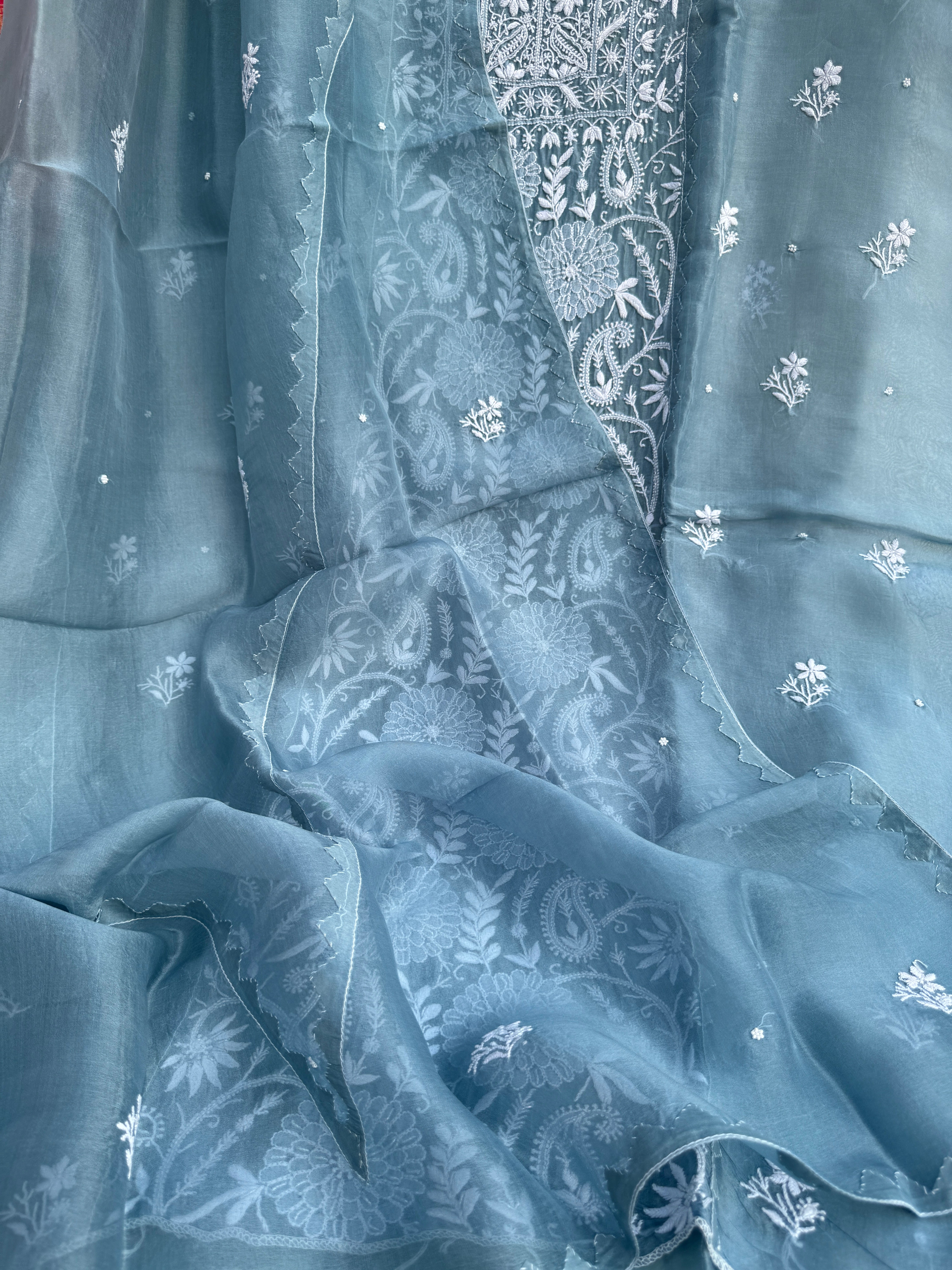Organza Chikankari Length with Dupatta (Pearl Work) - Blue Grey