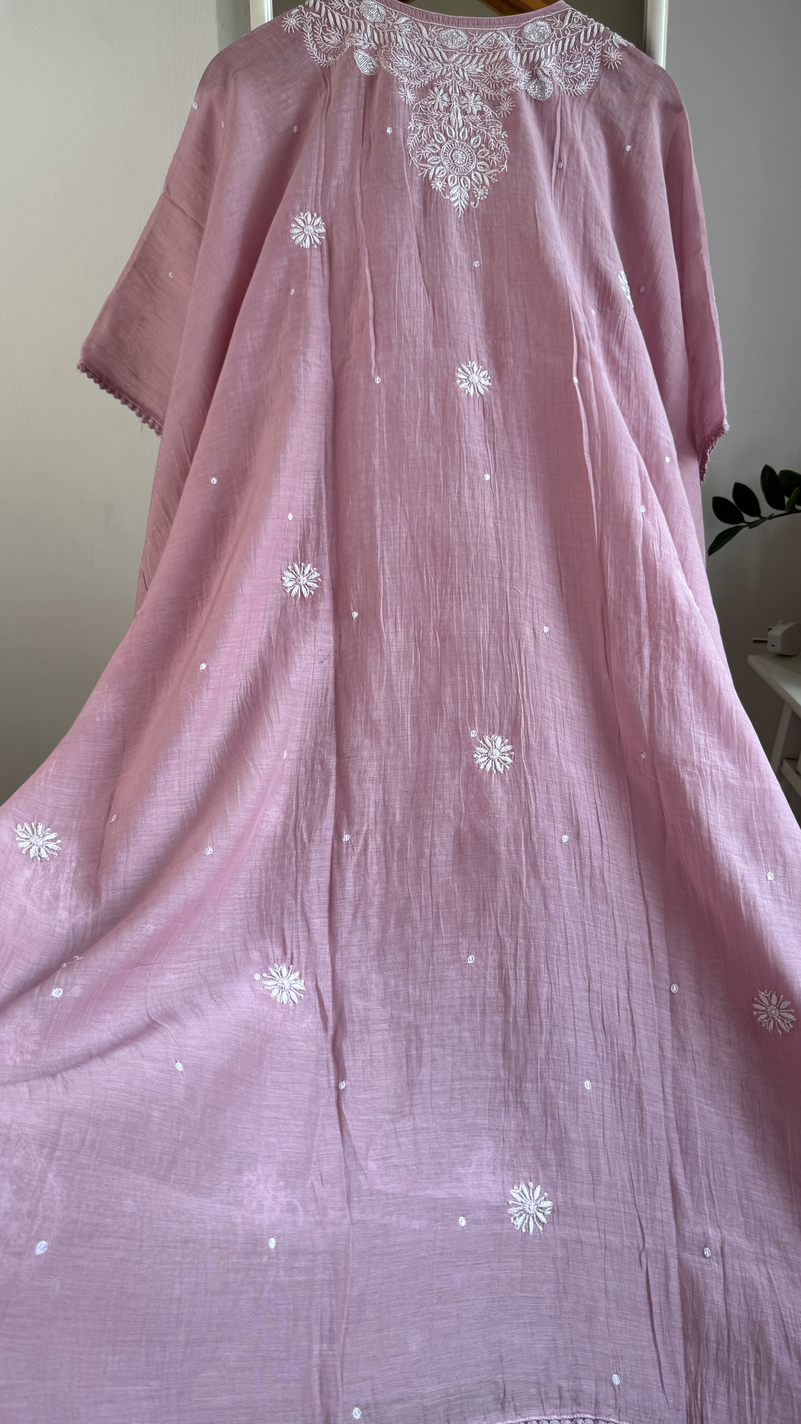 Mul Chanderi Chikankari Kaftan - Mauve