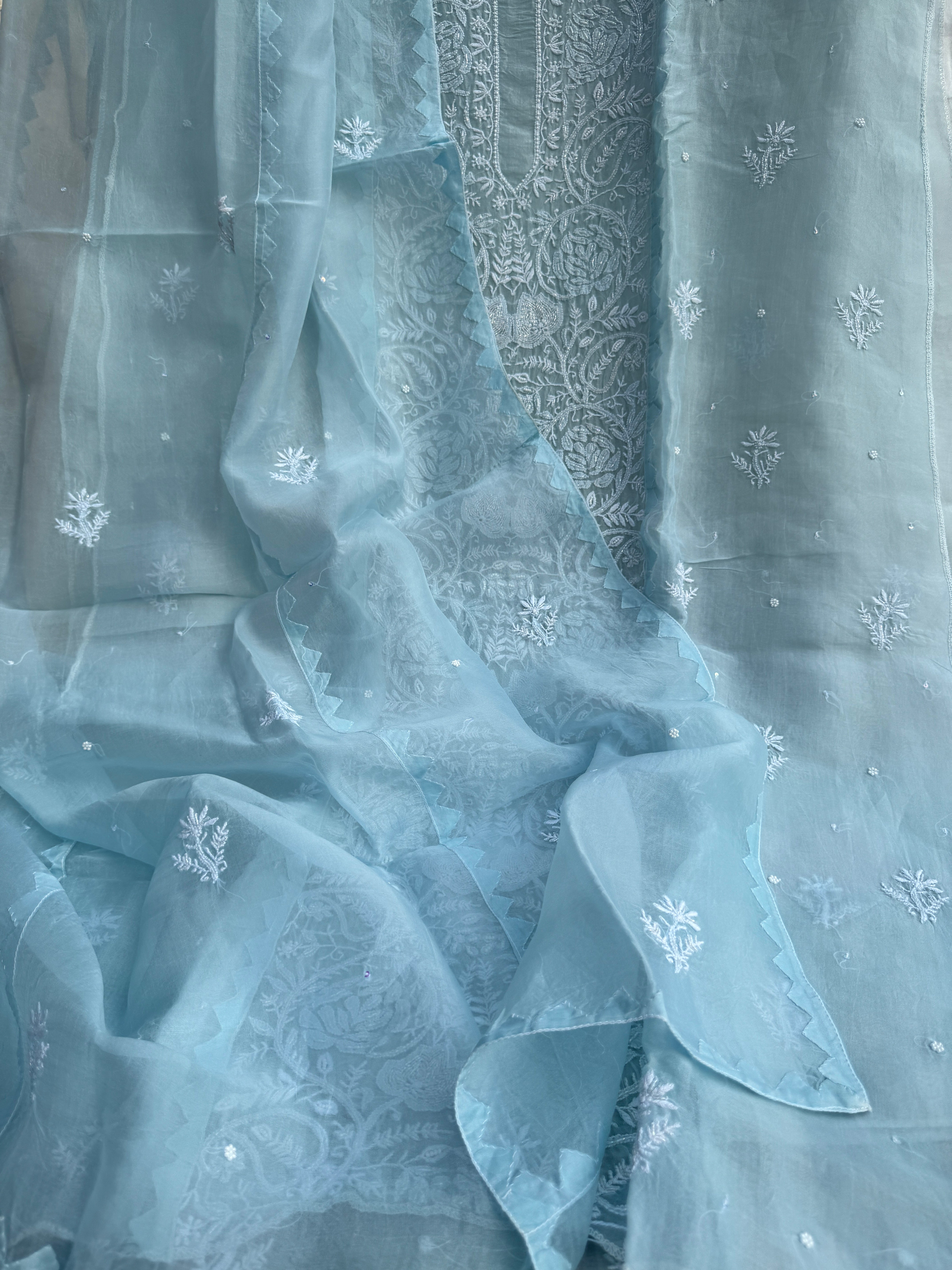Organza Chikankari Length with Dupatta (Pearl Work) - Baby Blue