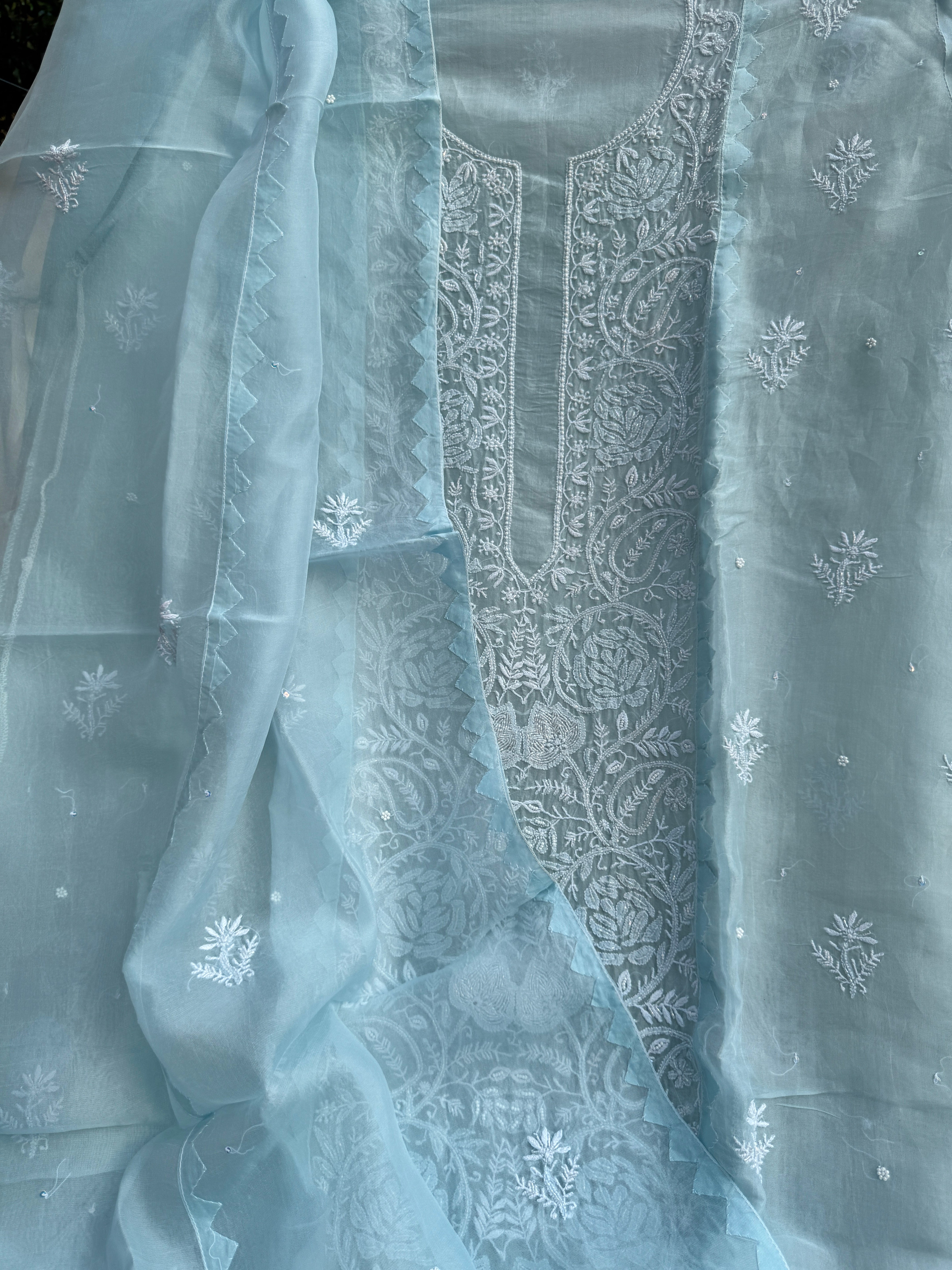 Organza Chikankari Length with Dupatta (Pearl Work) - Baby Blue