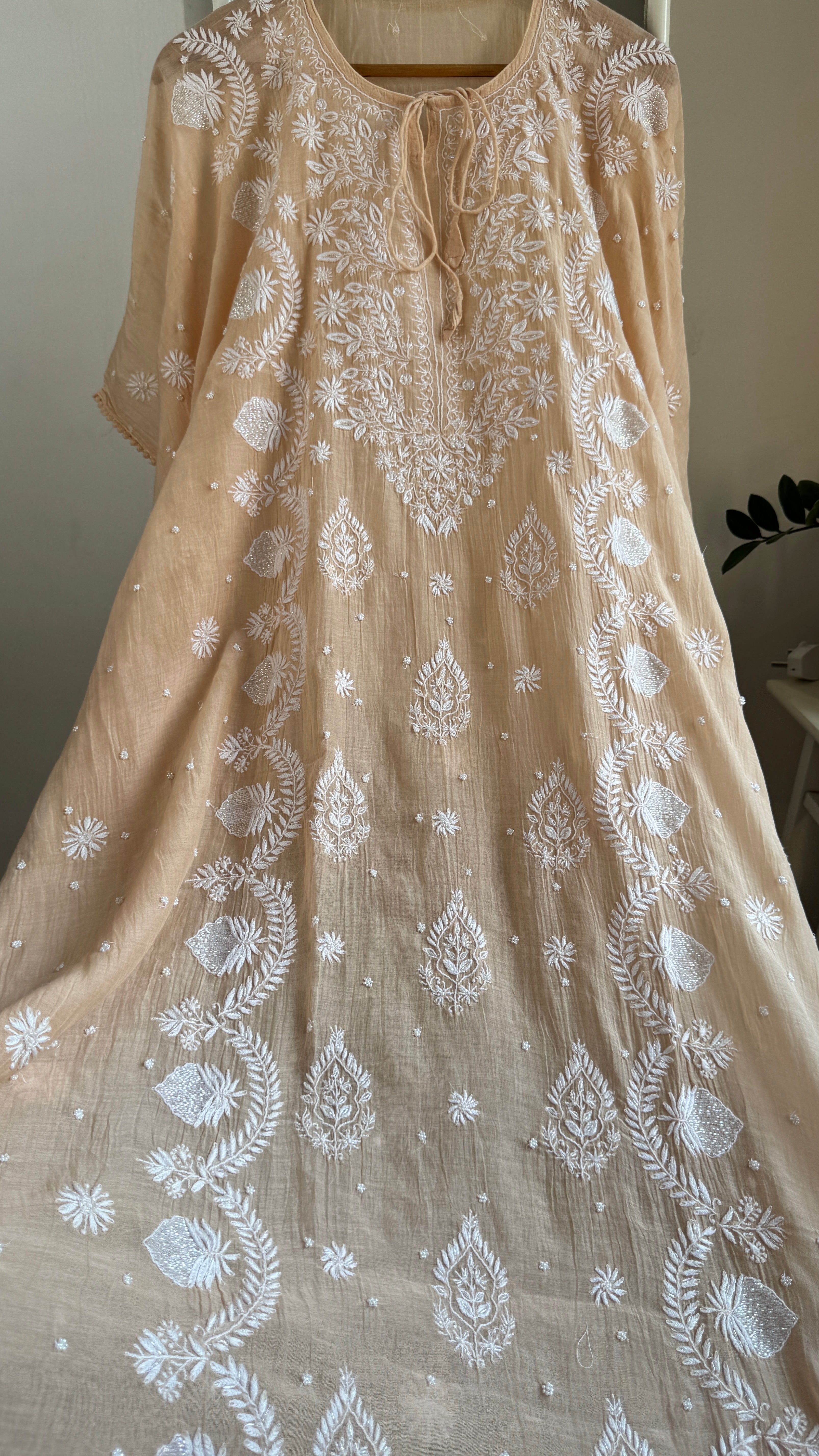 Mul Chanderi Chikankari Kaftan - Caramel Cream