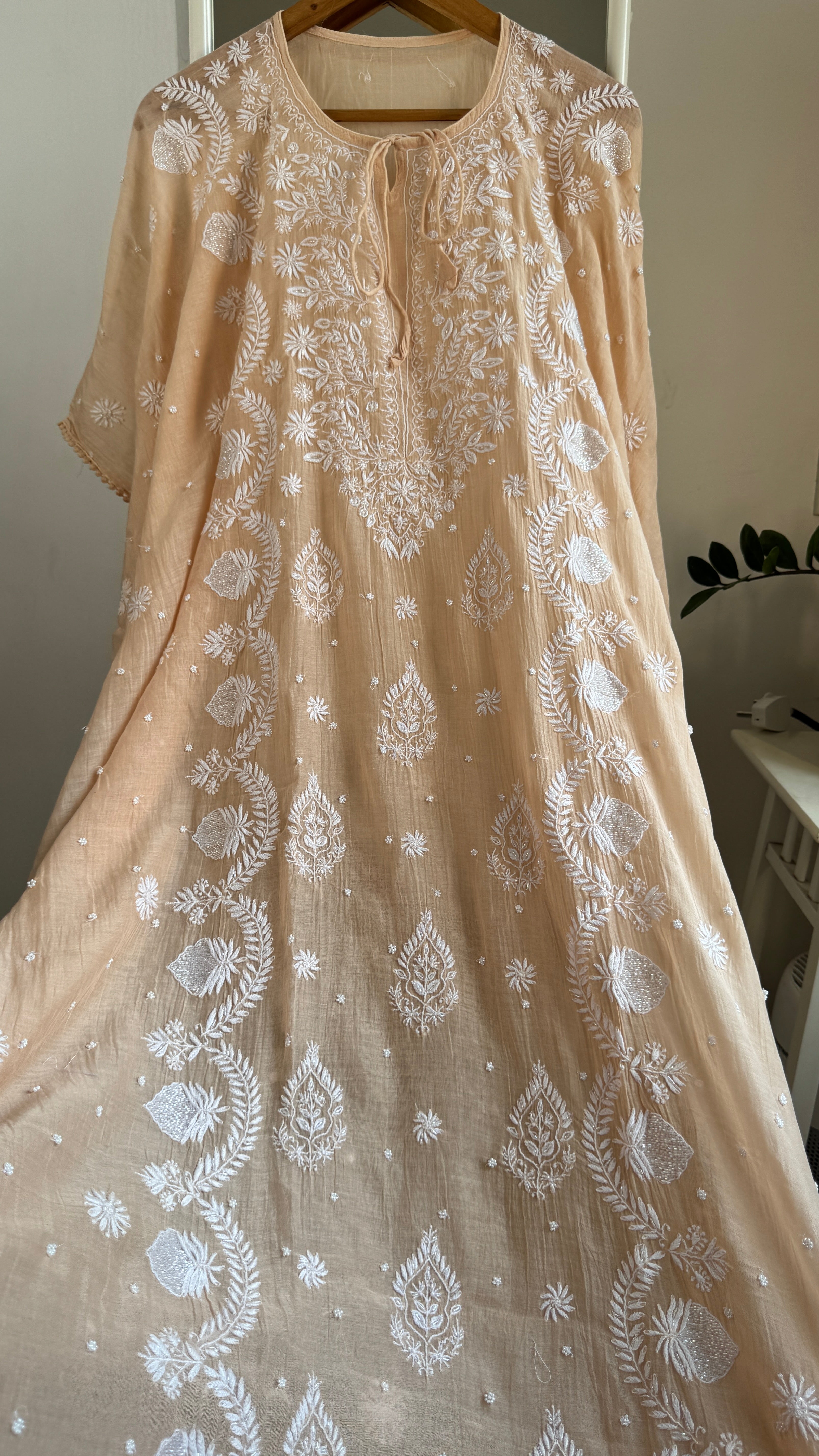 Mul Chanderi Chikankari Kaftan - Caramel Cream