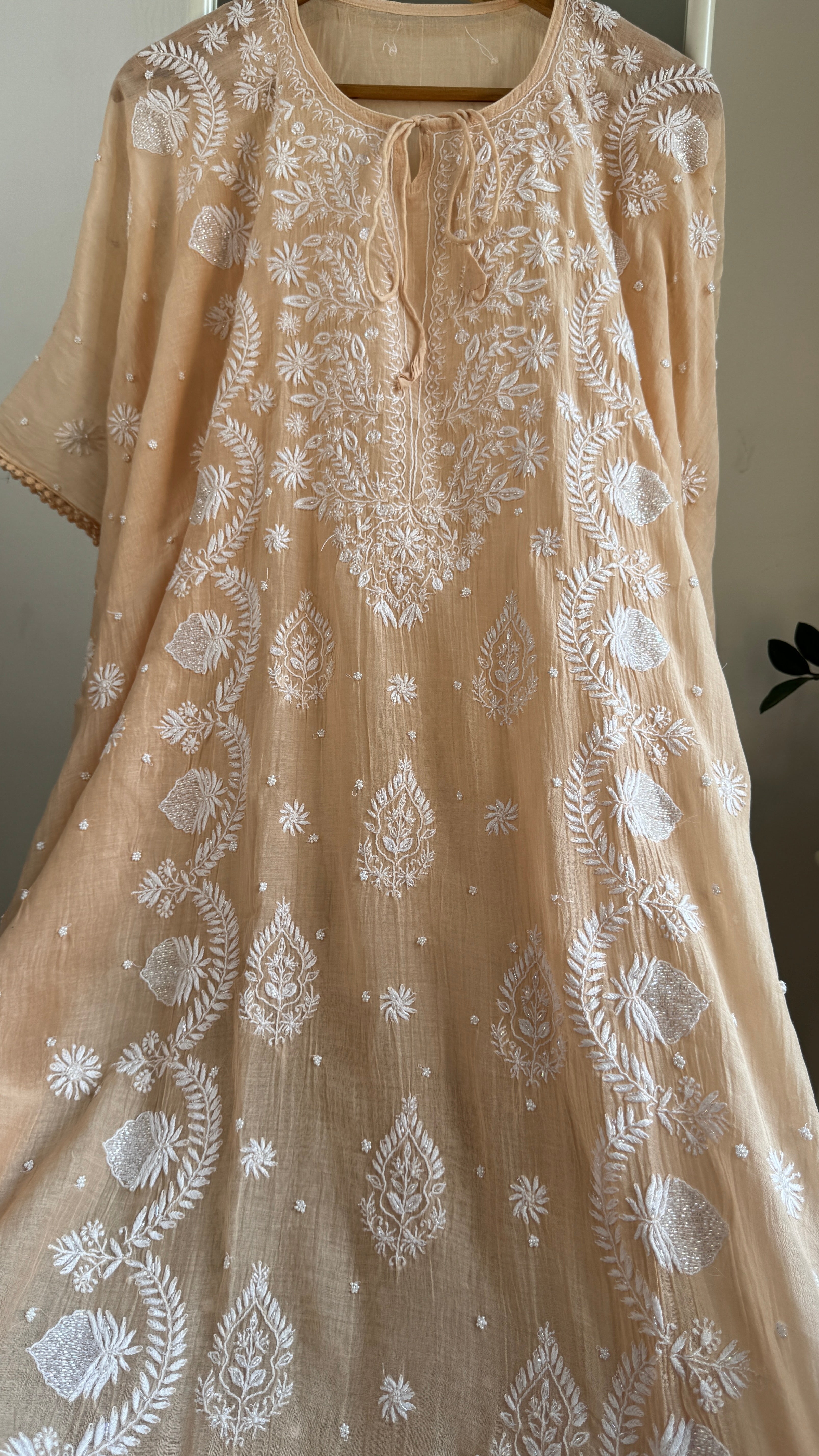 Mul Chanderi Chikankari Kaftan - Caramel Cream