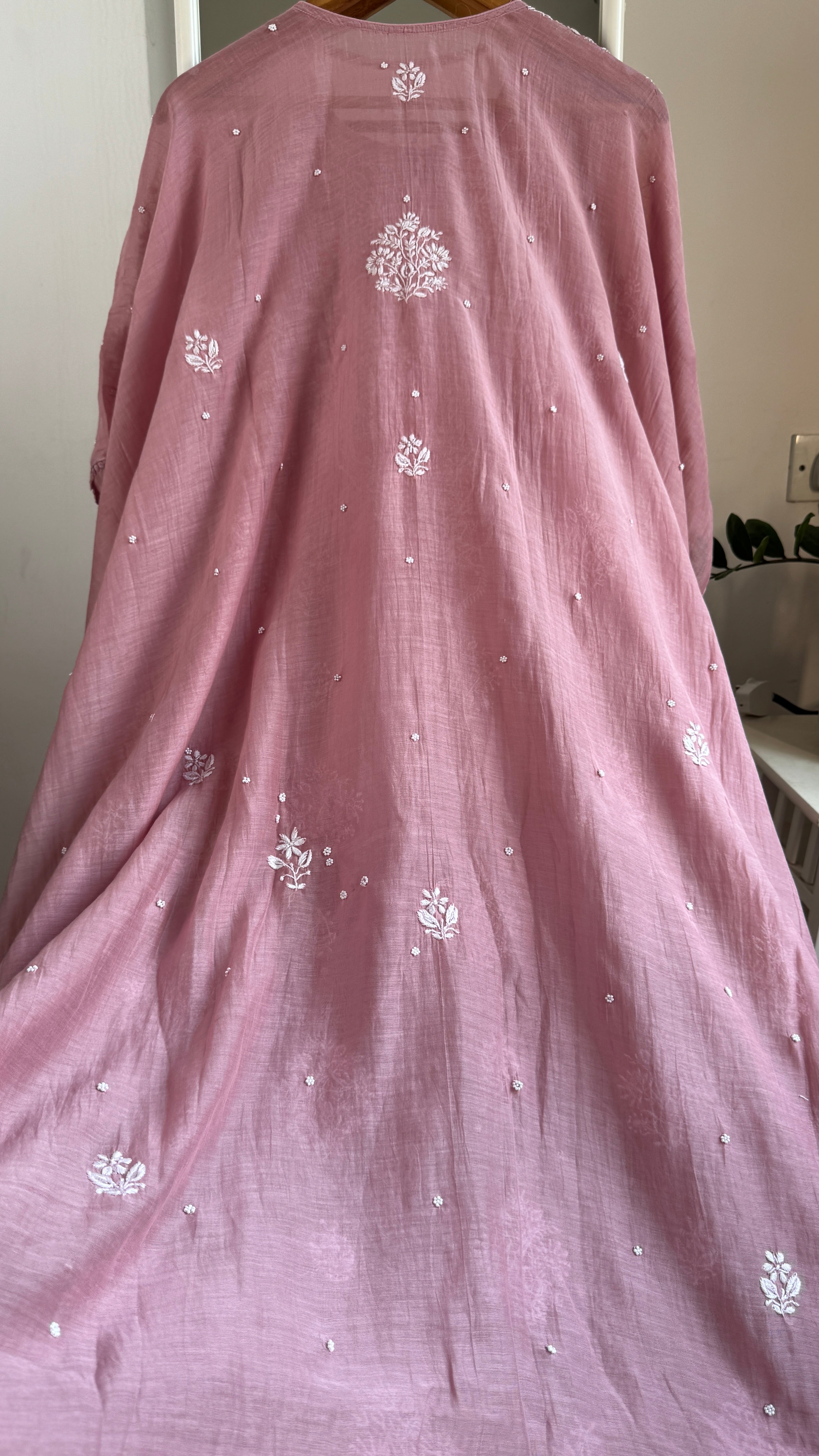 Mul Chanderi Chikankari Kaftan - Rosewood