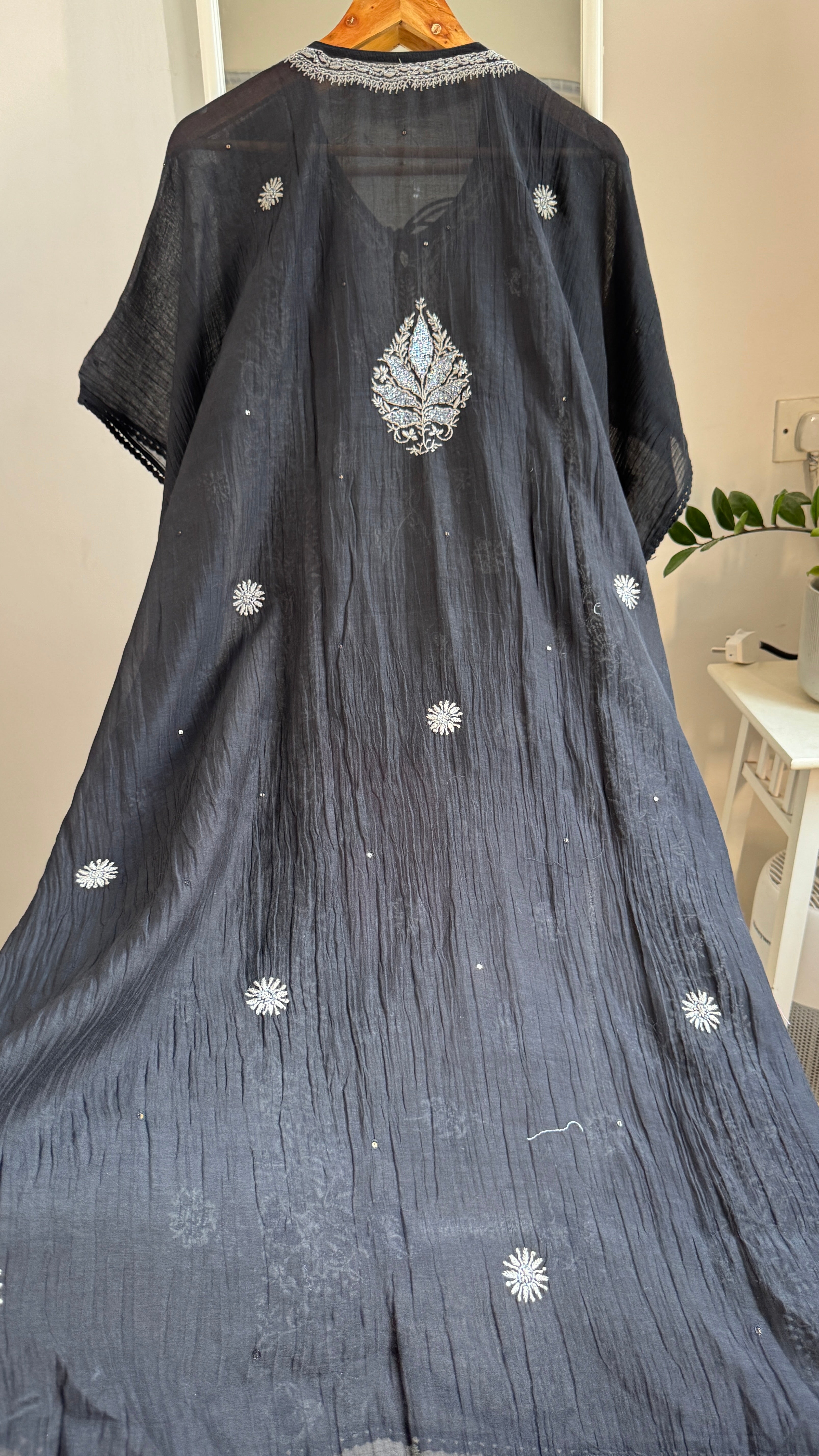 Mul Chanderi Chikankari Kaftan - Black