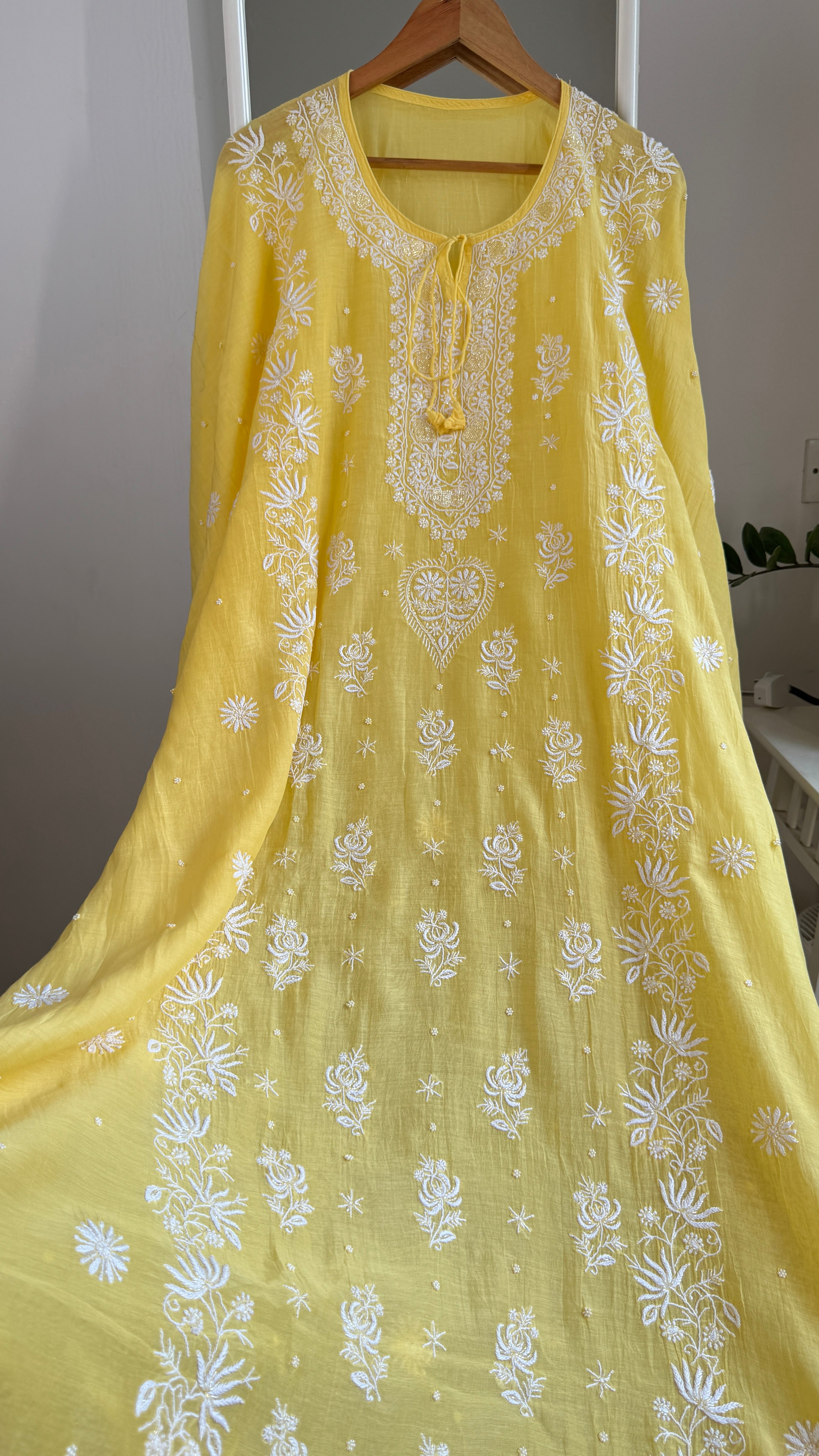 Mul Chanderi Chikankari Kaftan - Yellow