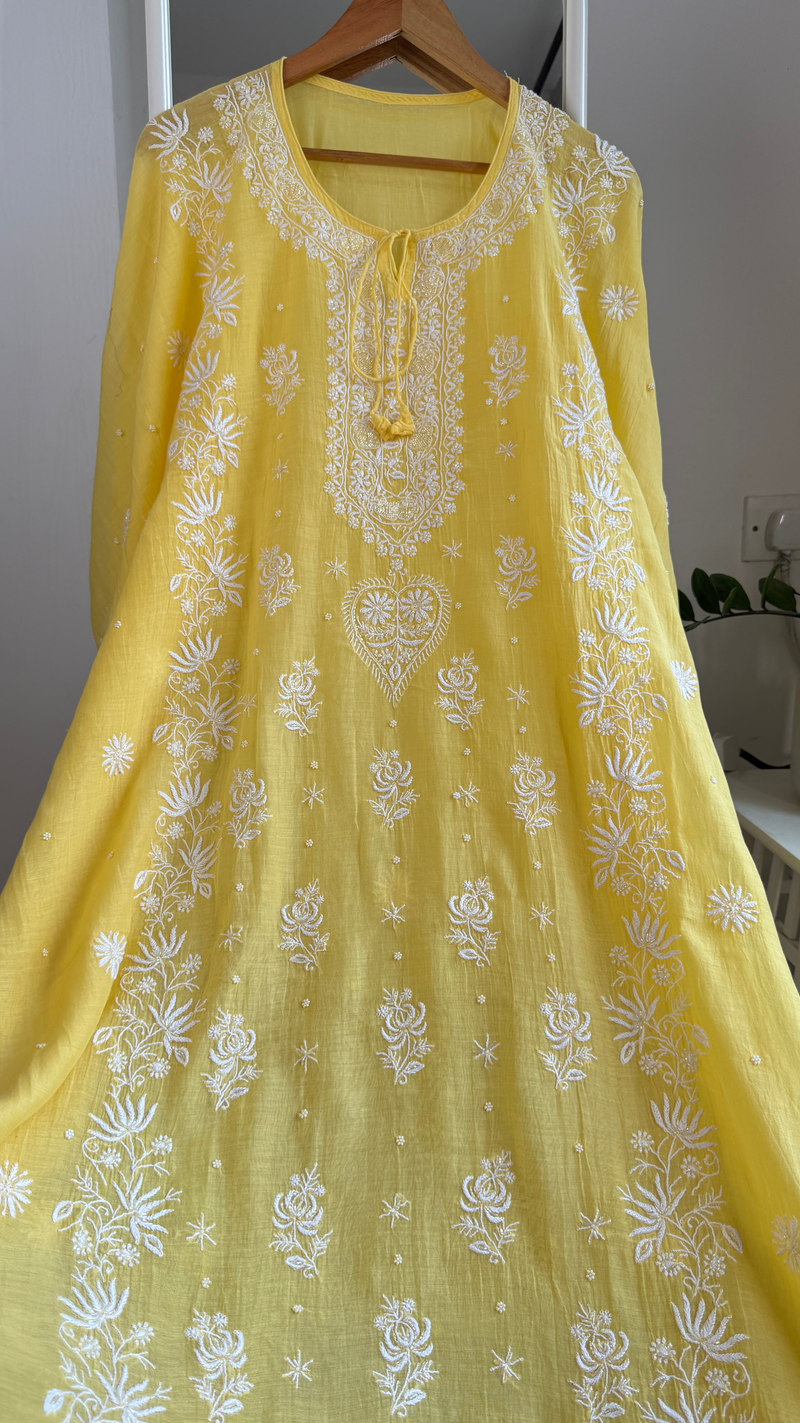 Mul Chanderi Chikankari Kaftan - Yellow