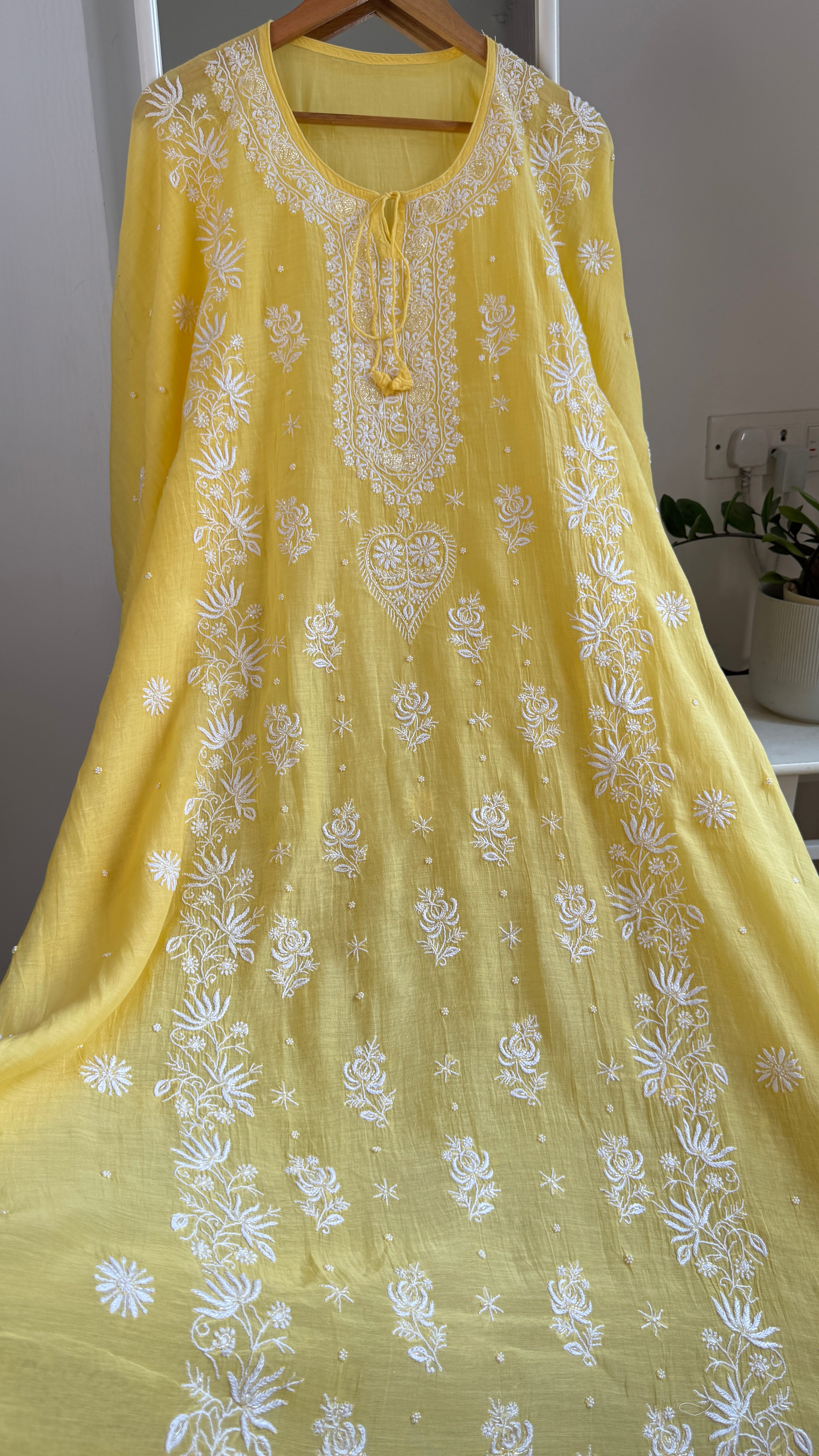 Mul Chanderi Chikankari Kaftan - Yellow