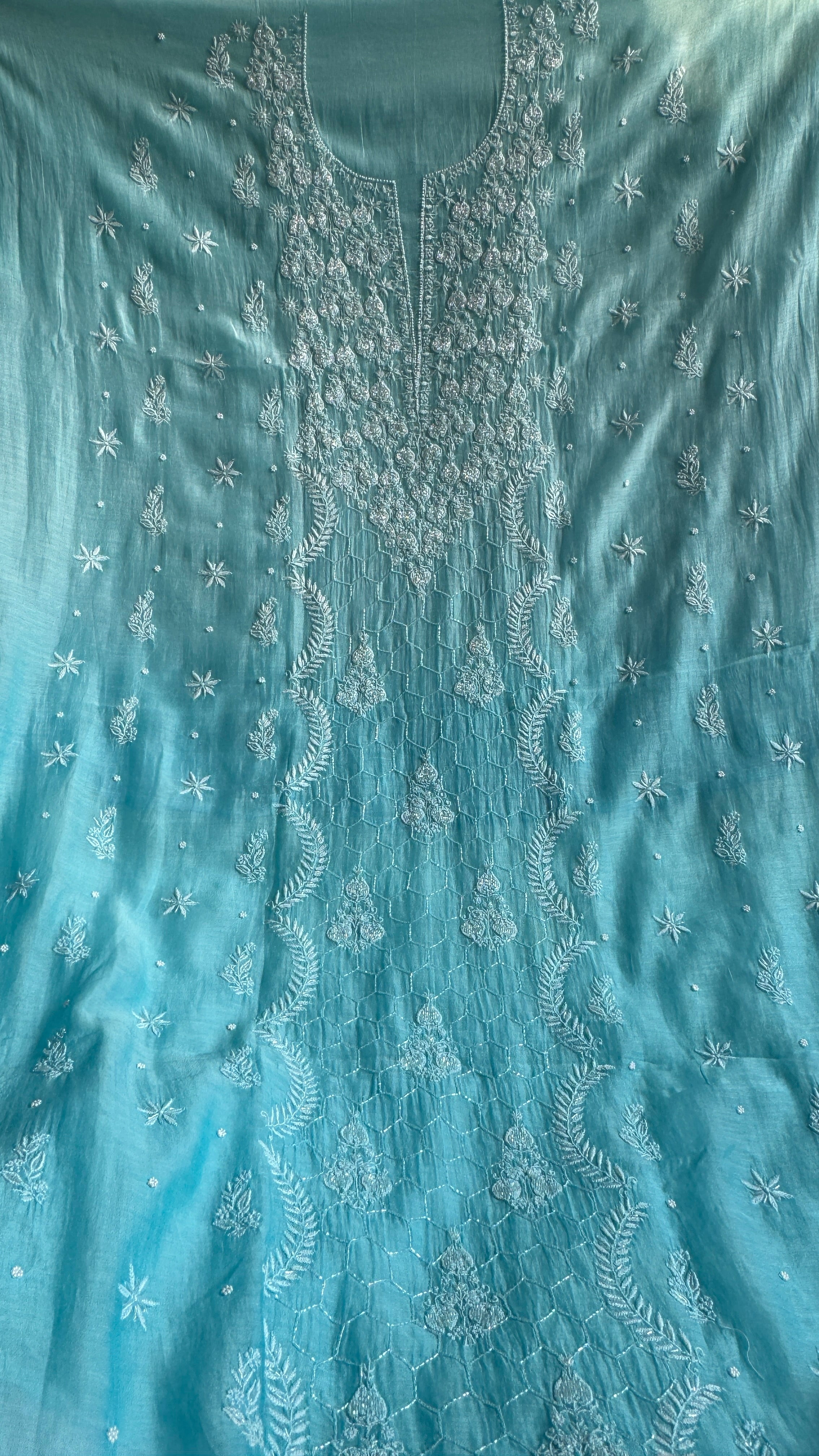 Mul Chanderi Chikankari - Heavy Unstitched Set - Blue Ombre