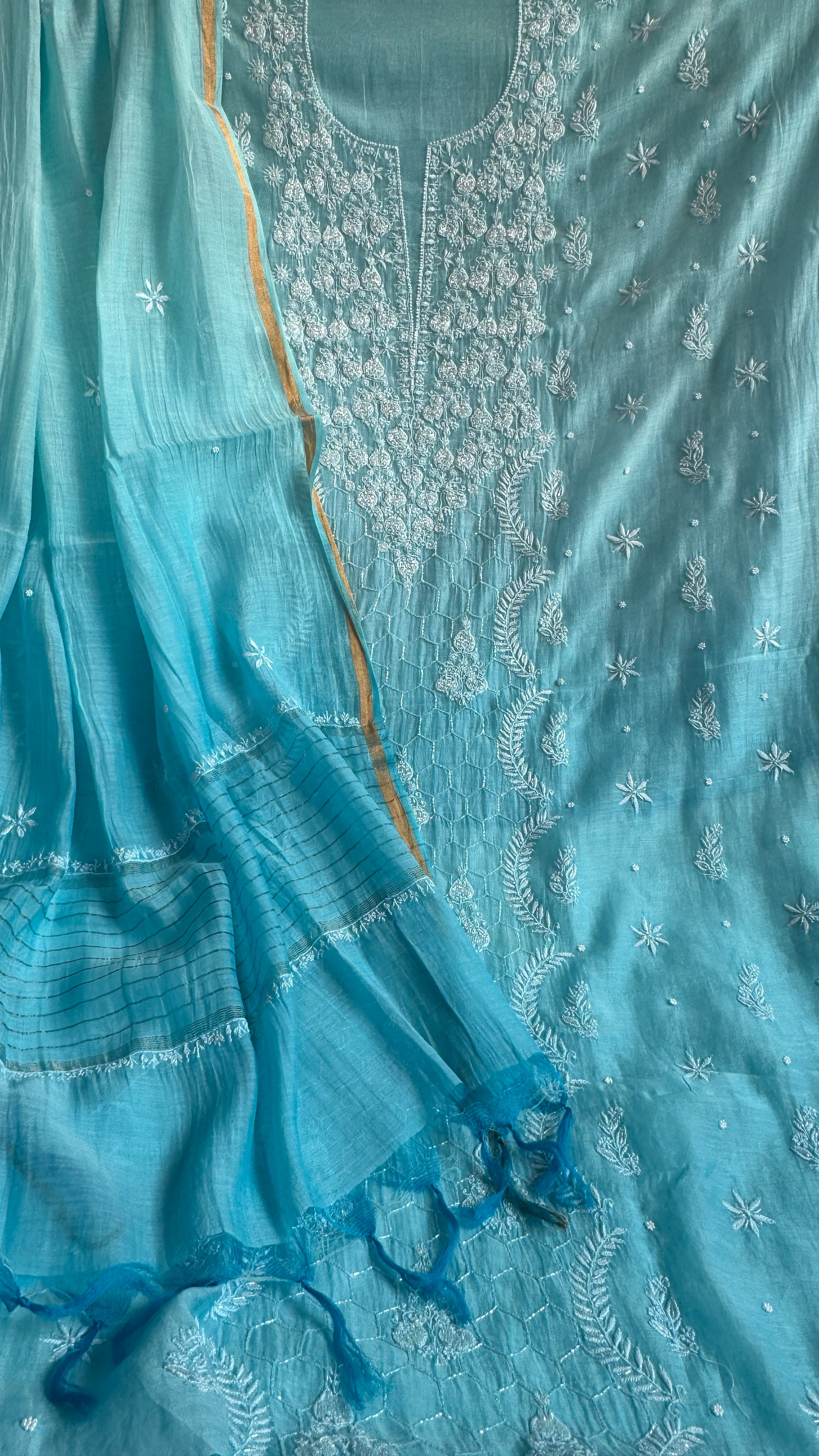 Mul Chanderi Chikankari - Heavy Unstitched Set - Blue Ombre