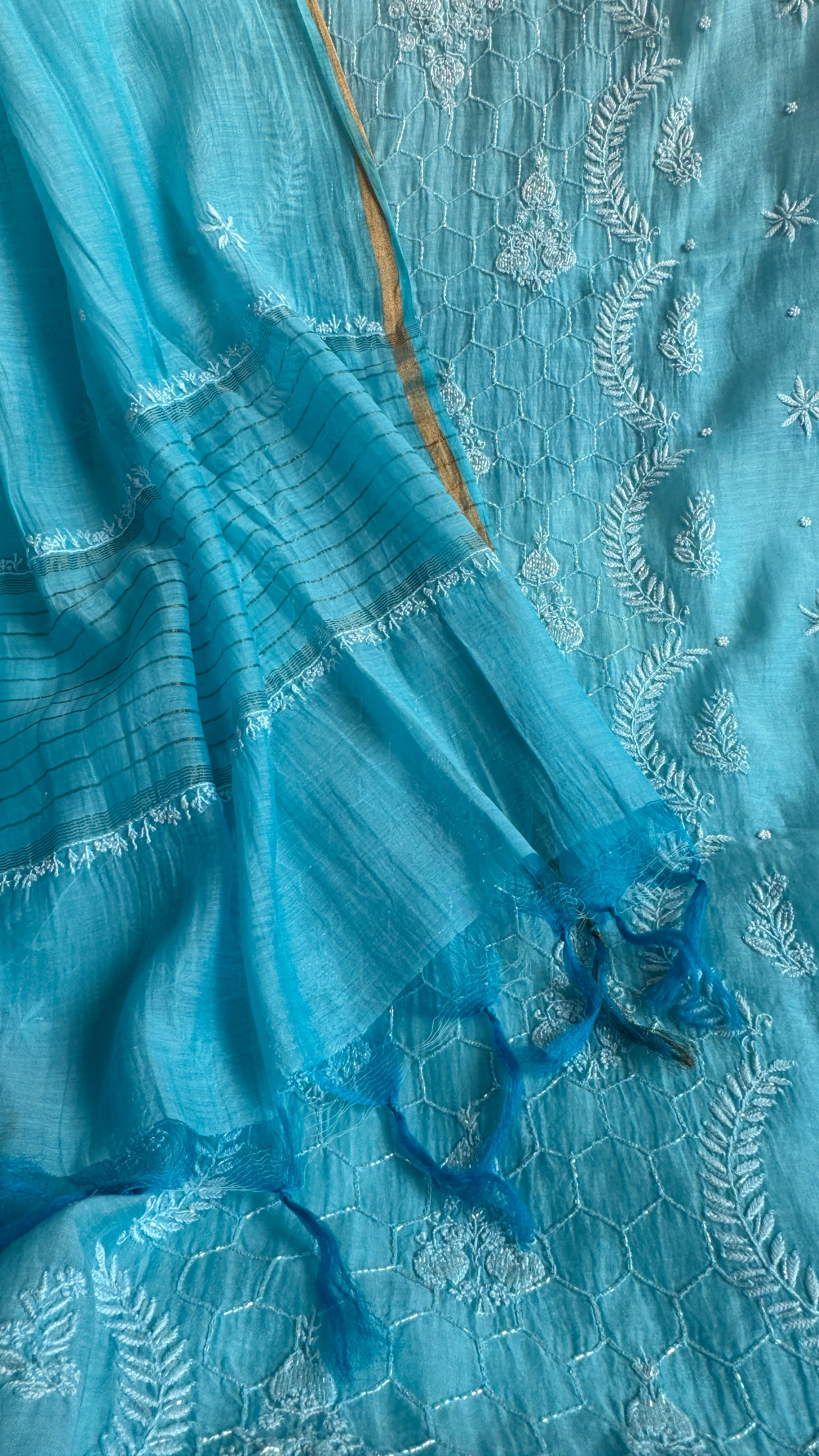 Mul Chanderi Chikankari - Heavy Unstitched Set - Blue Ombre