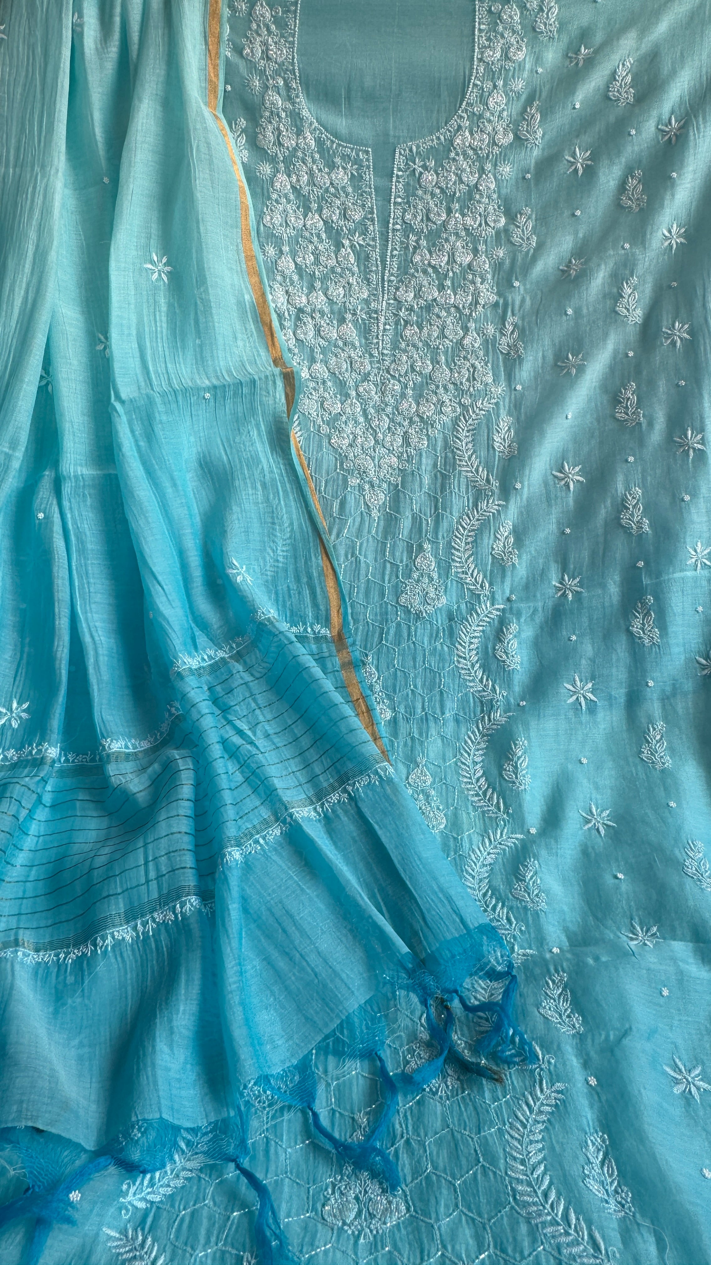 Mul Chanderi Chikankari - Heavy Unstitched Set - Blue Ombre