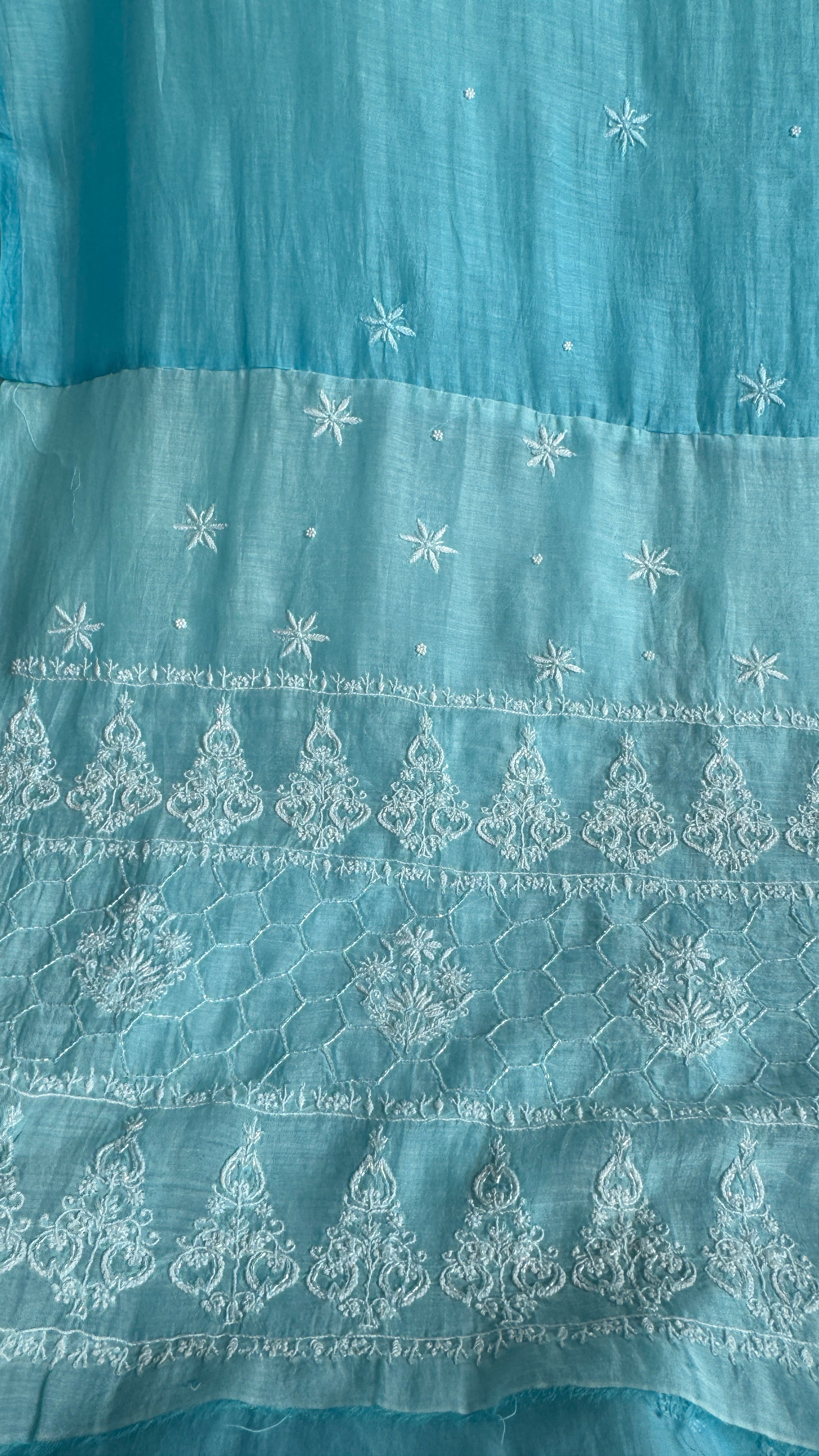 Mul Chanderi Chikankari - Heavy Unstitched Set - Blue Ombre