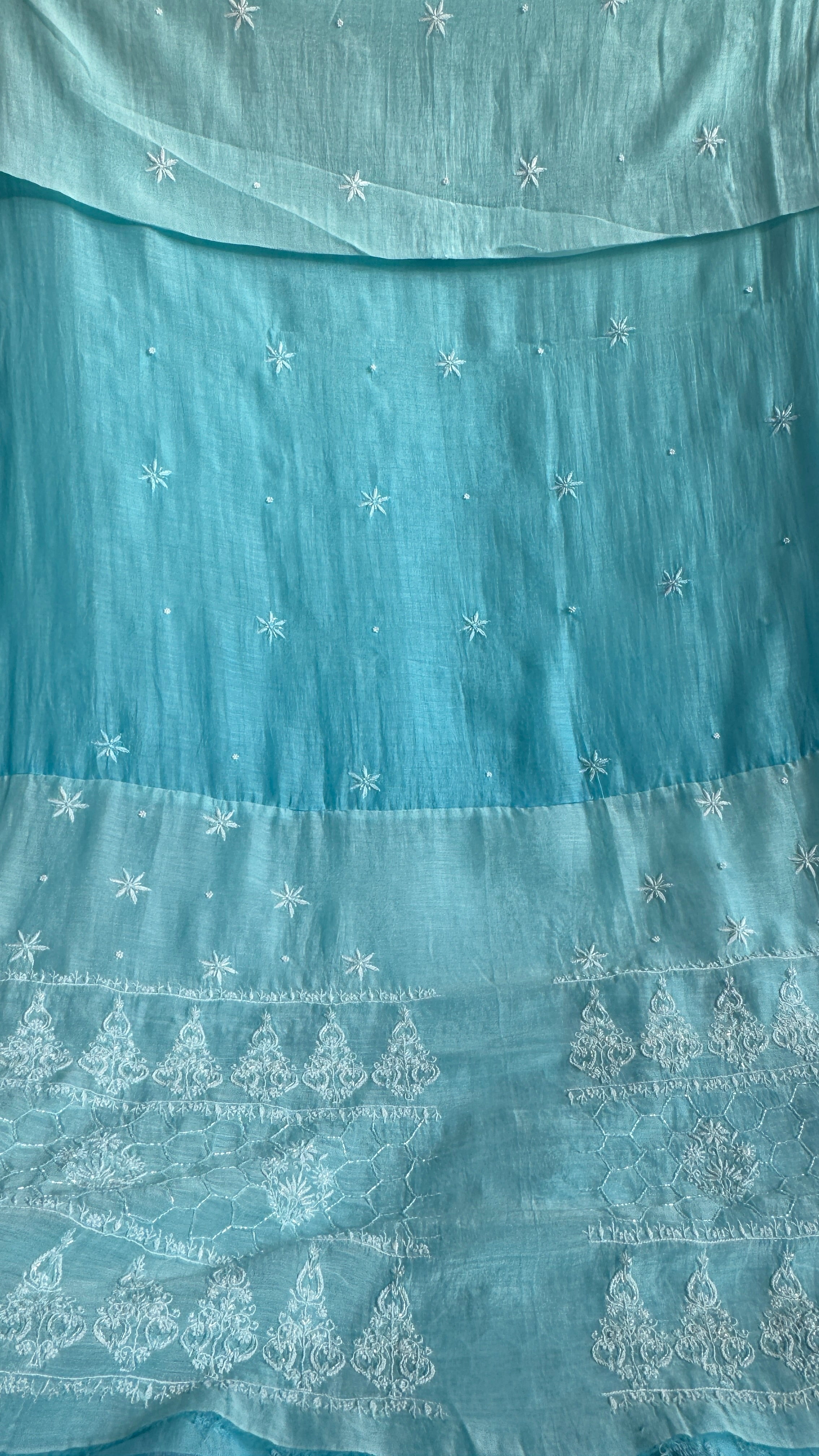 Mul Chanderi Chikankari - Heavy Unstitched Set - Blue Ombre