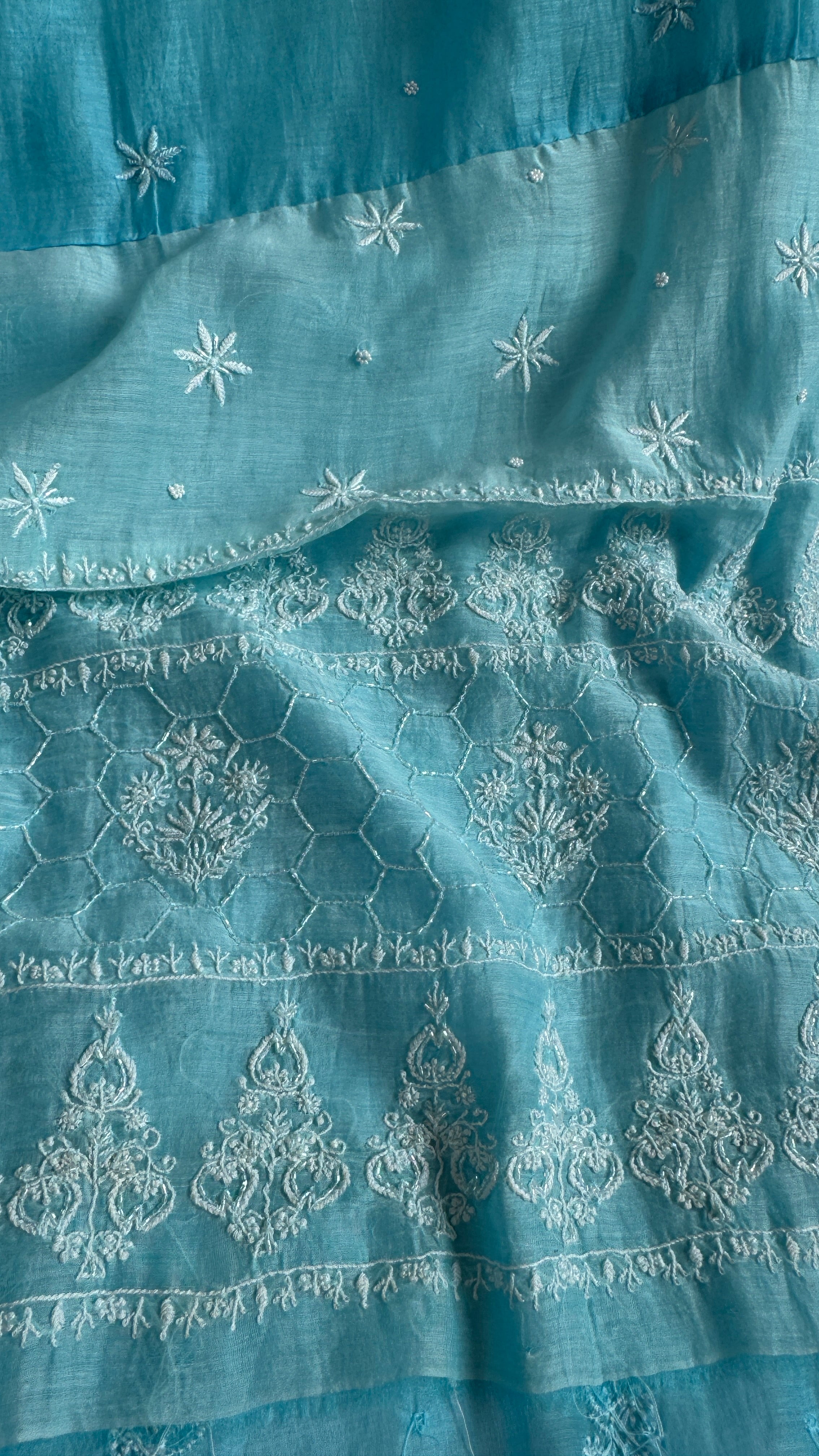 Mul Chanderi Chikankari - Heavy Unstitched Set - Blue Ombre