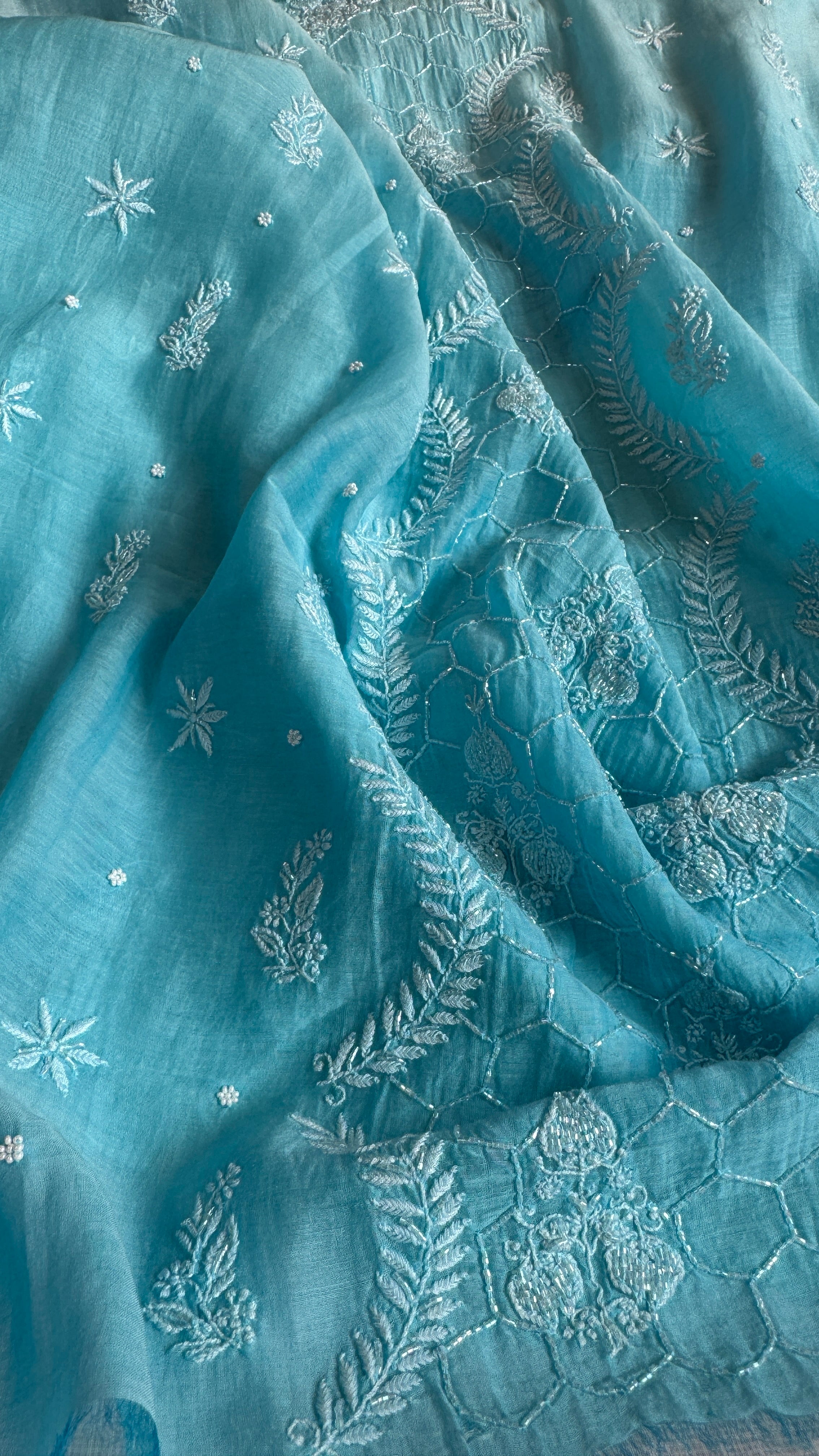 Mul Chanderi Chikankari - Heavy Unstitched Set - Blue Ombre