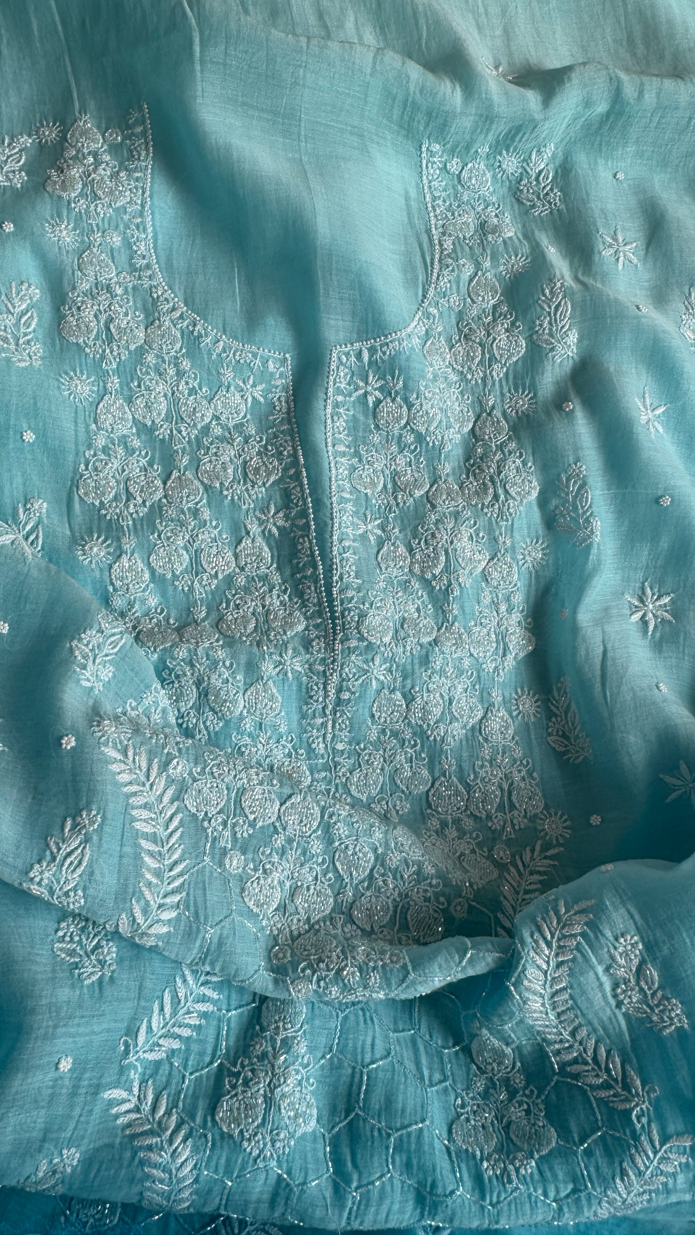 Mul Chanderi Chikankari - Heavy Unstitched Set - Blue Ombre