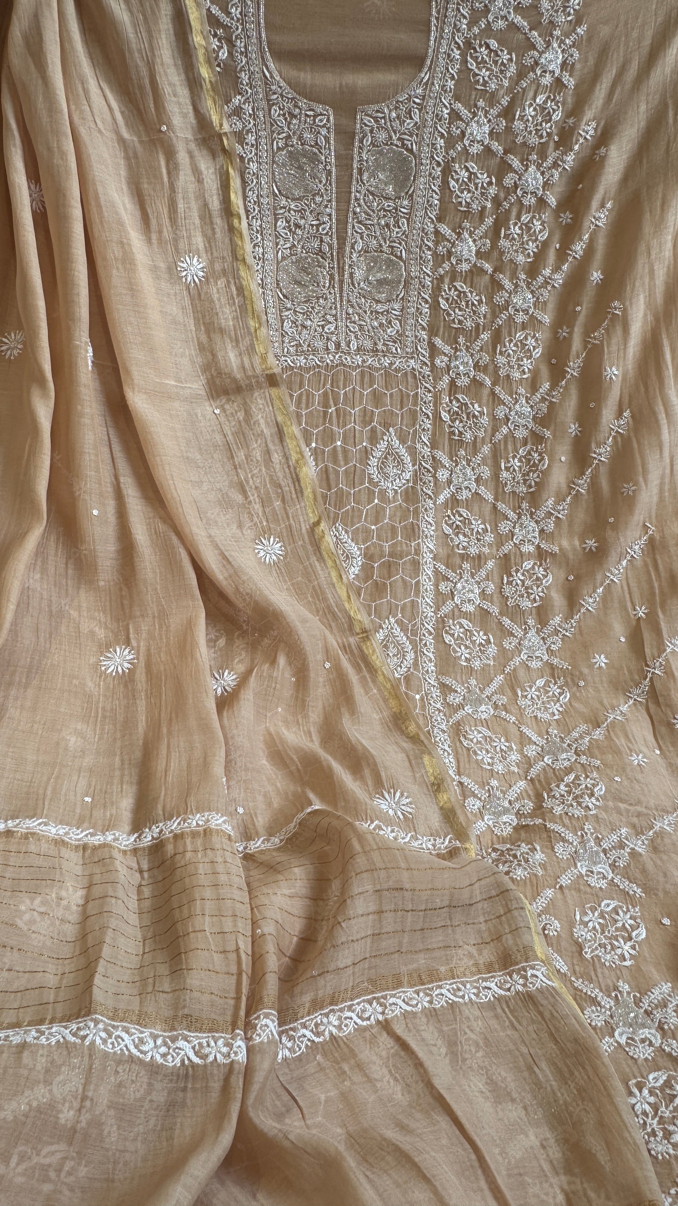 Mul Chanderi Chikankari - Heavy Unstitched Set - Beige