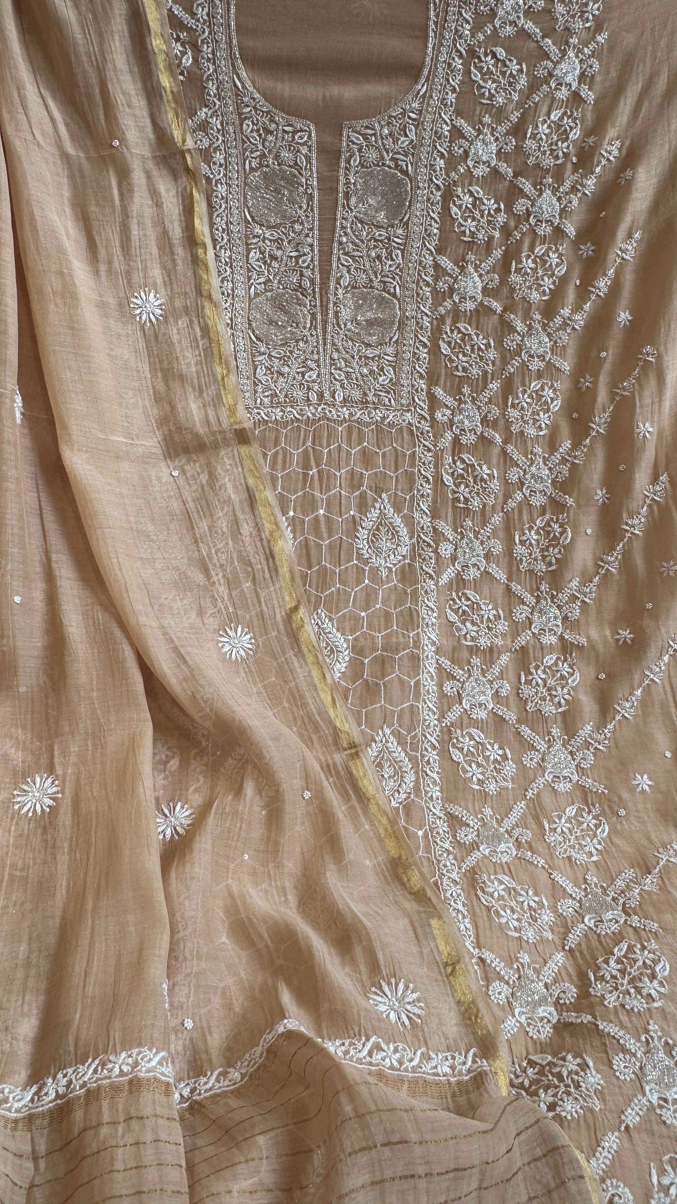 Mul Chanderi Chikankari - Heavy Unstitched Set - Beige
