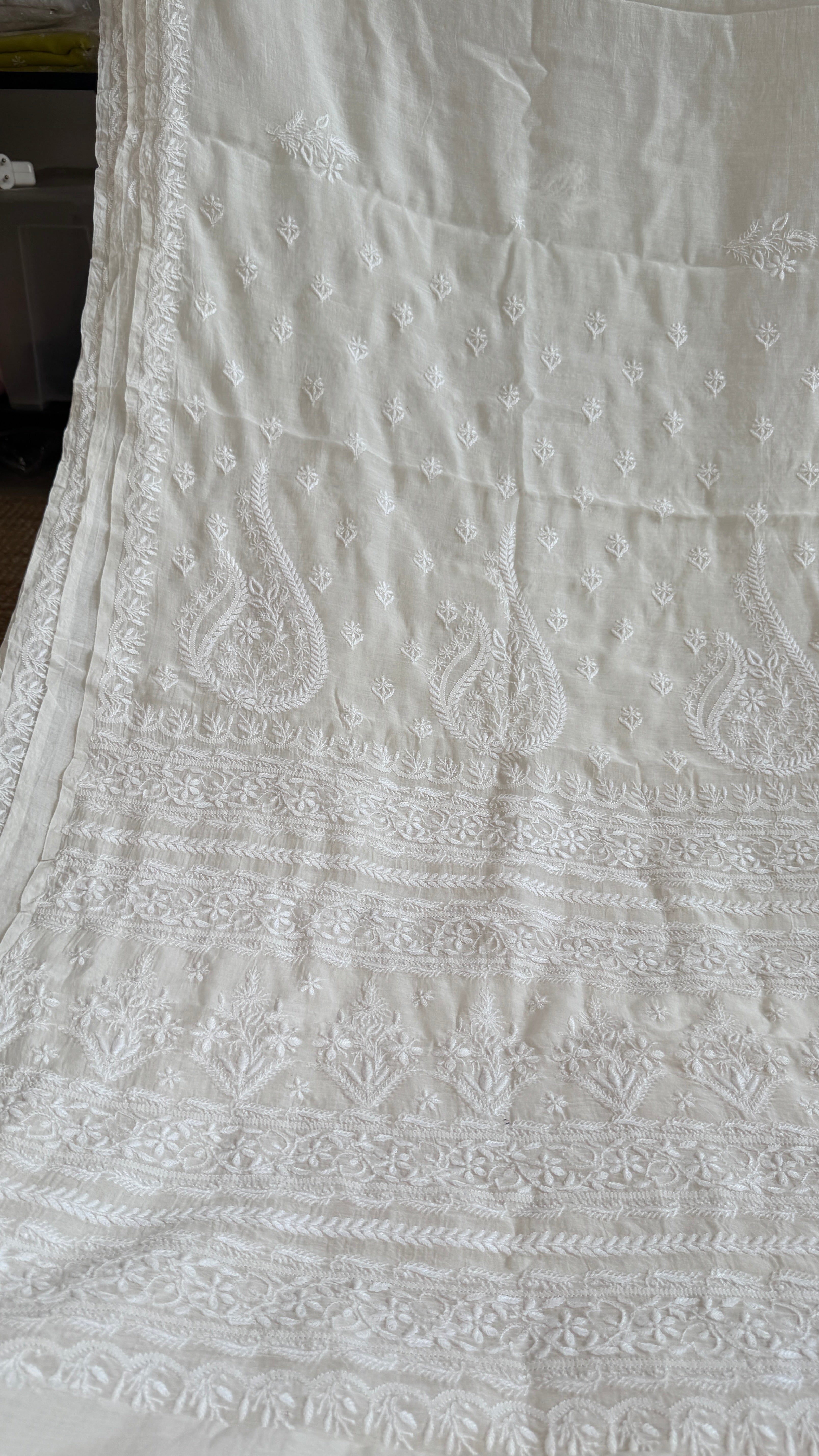 Pure Mul Chanderi Chikankari saree in White