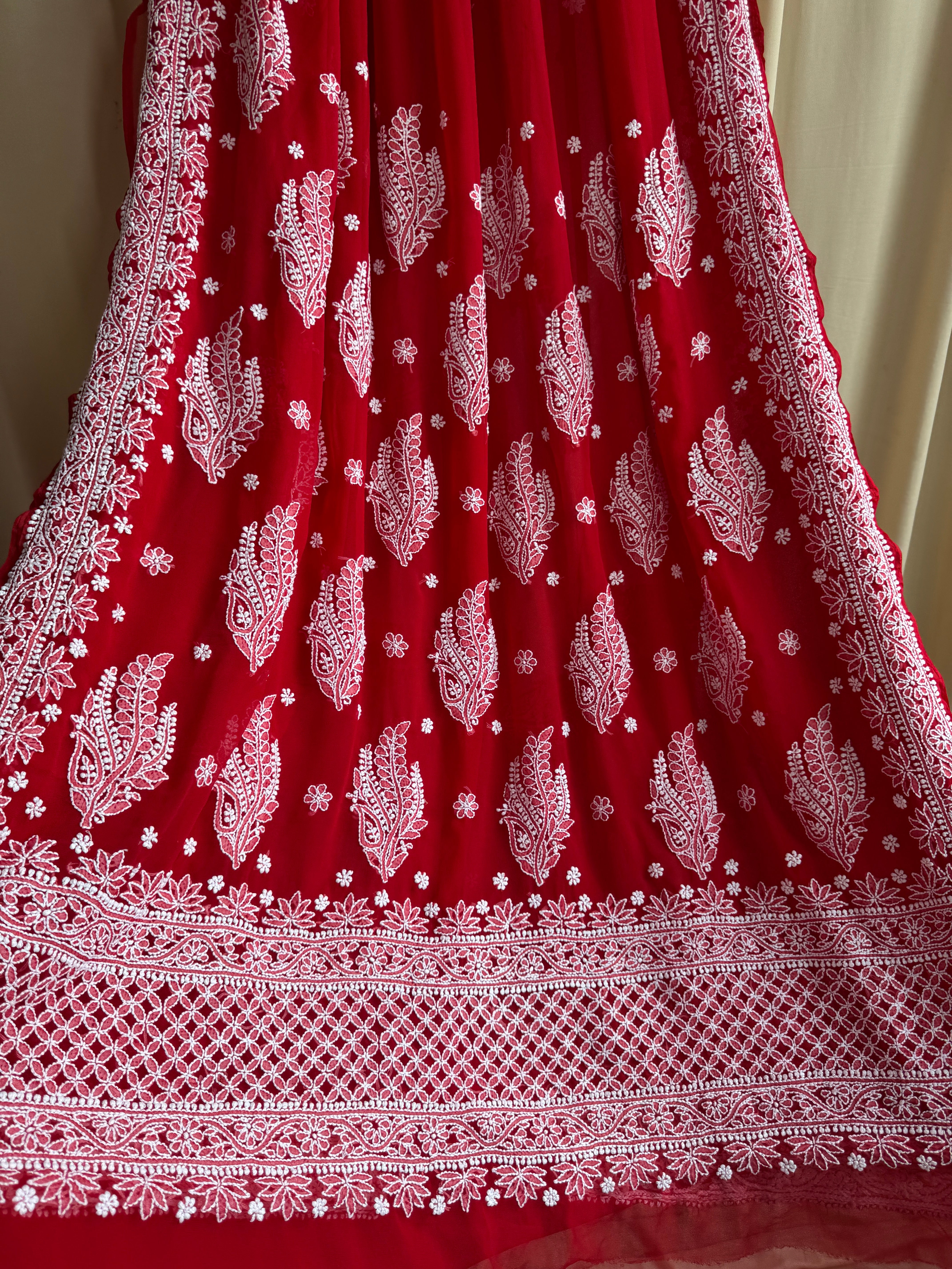 Georgette Chikankari saree in Red ARIAA CHIKANKARI 