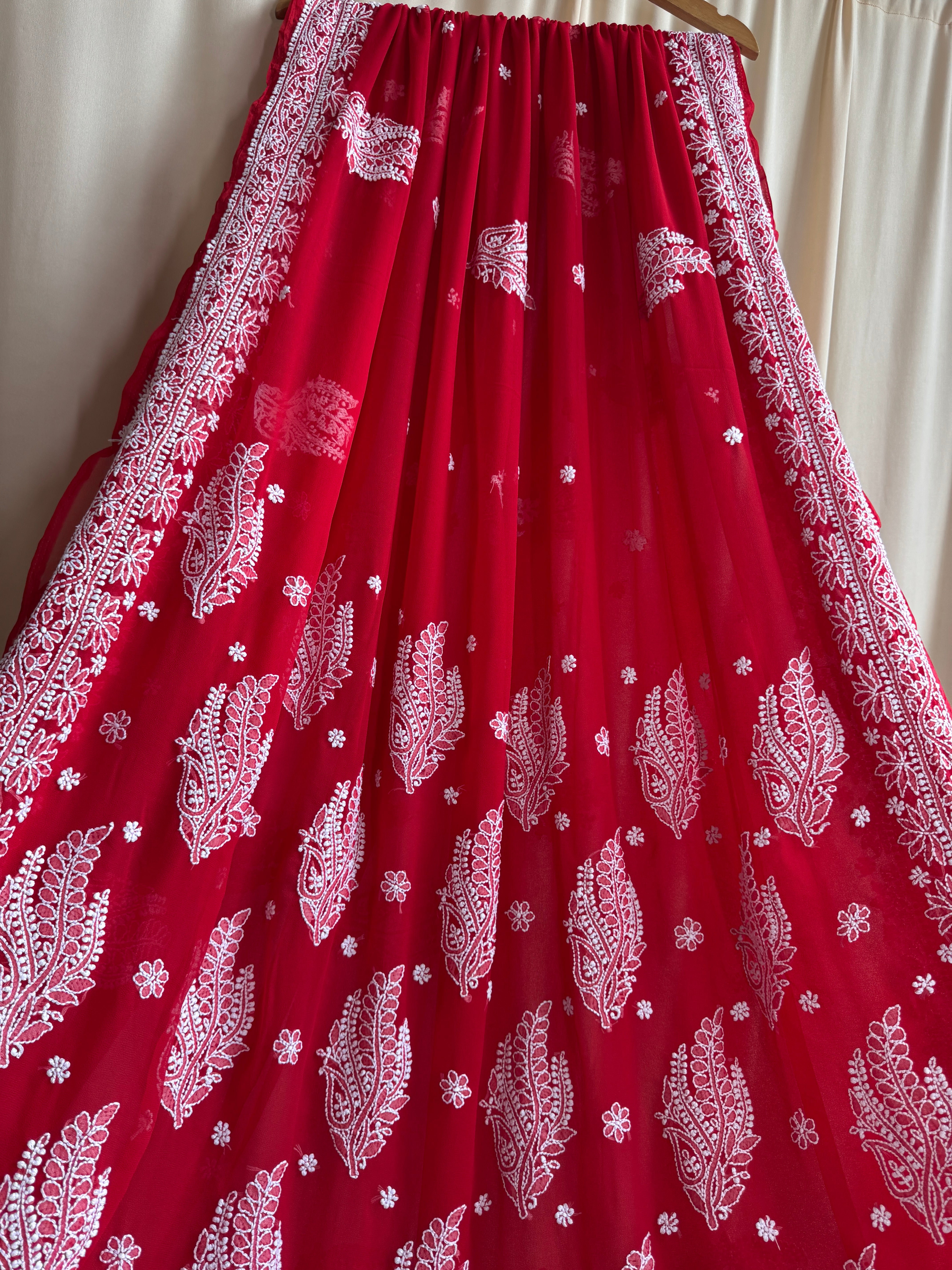 Georgette Chikankari saree in Red ARIAA CHIKANKARI 