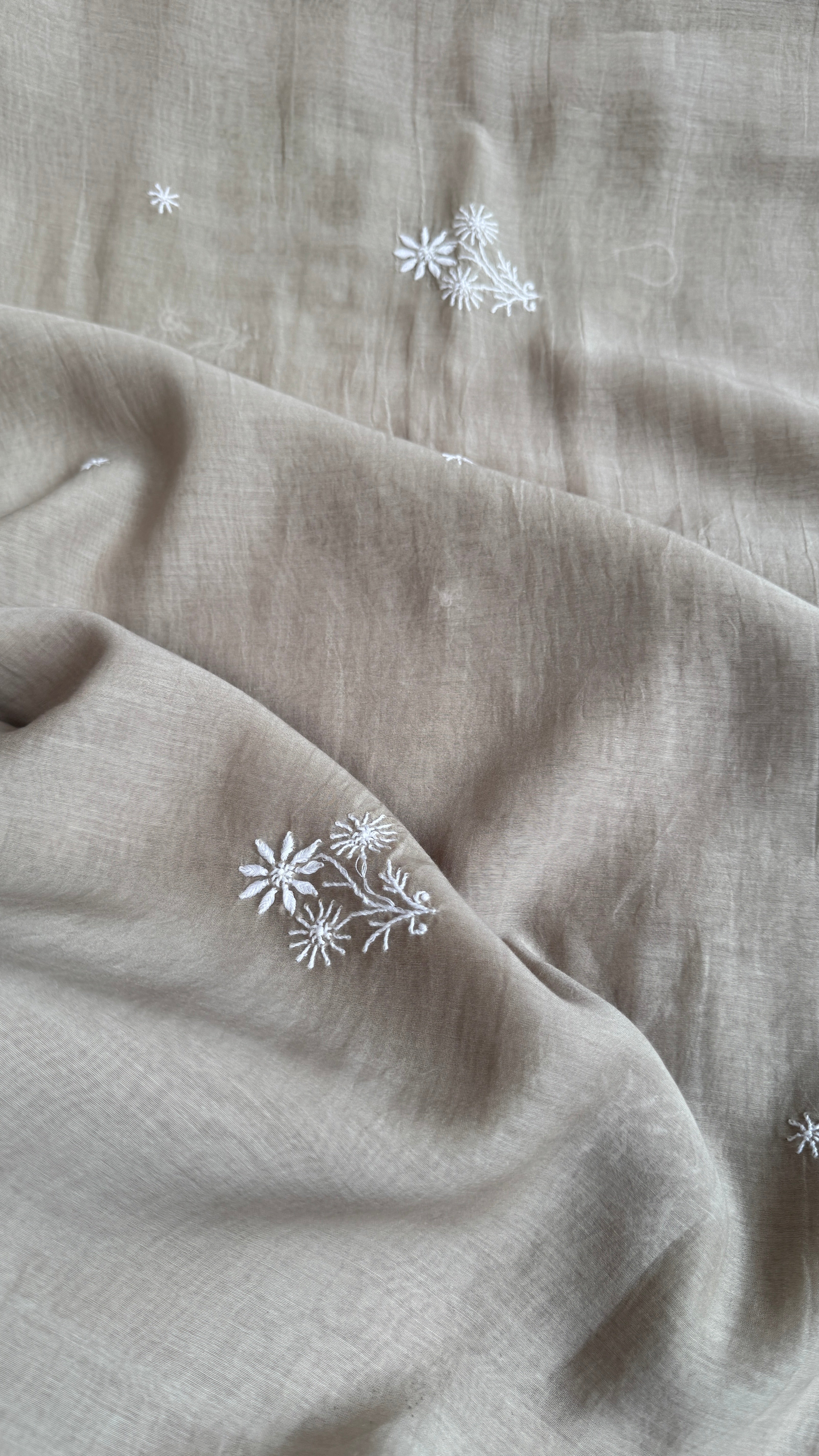 Pure Mul Chanderi Chikankari saree in Pastel Grey Beige