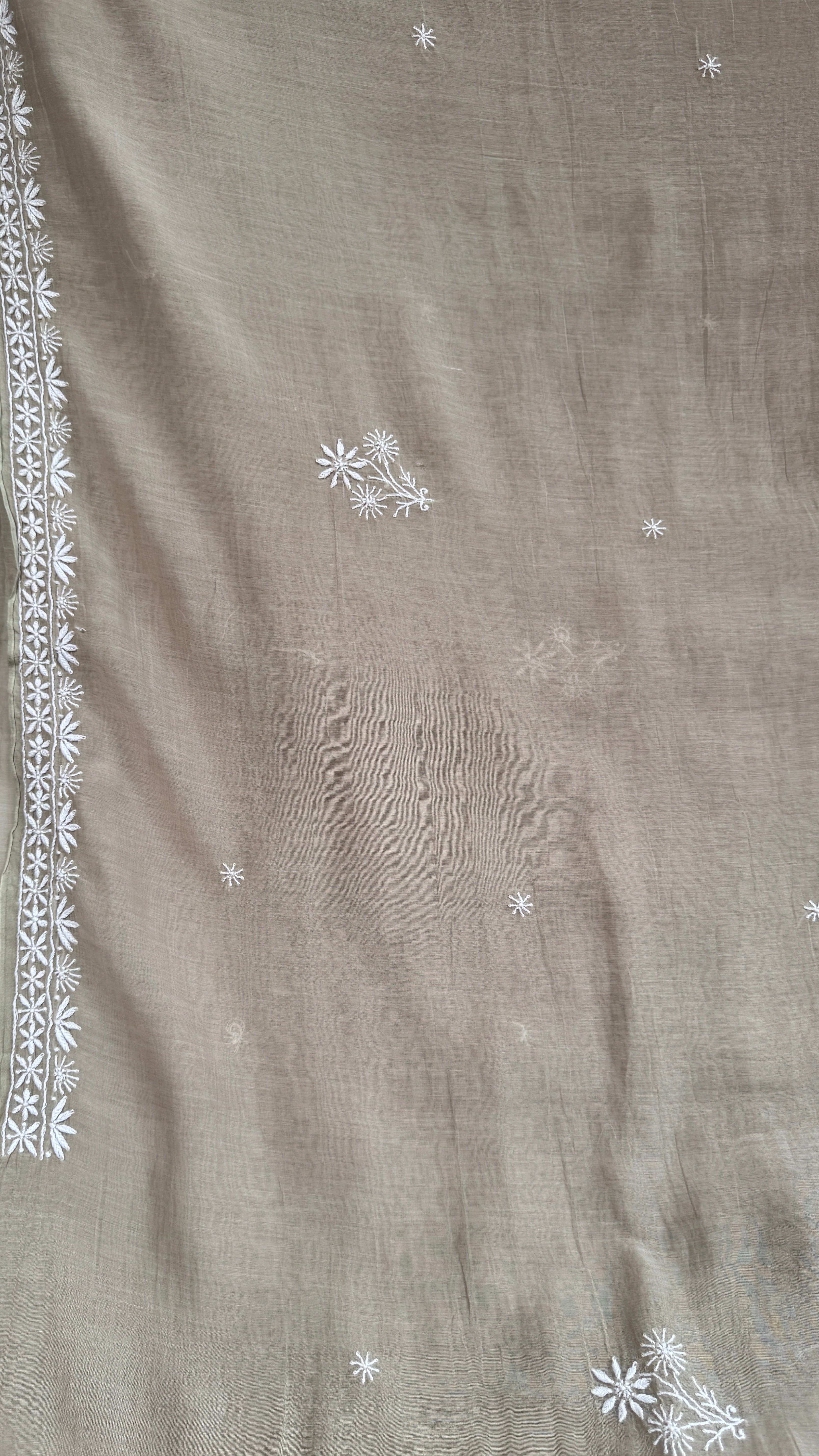 Pure Mul Chanderi Chikankari saree in Pastel Grey Beige