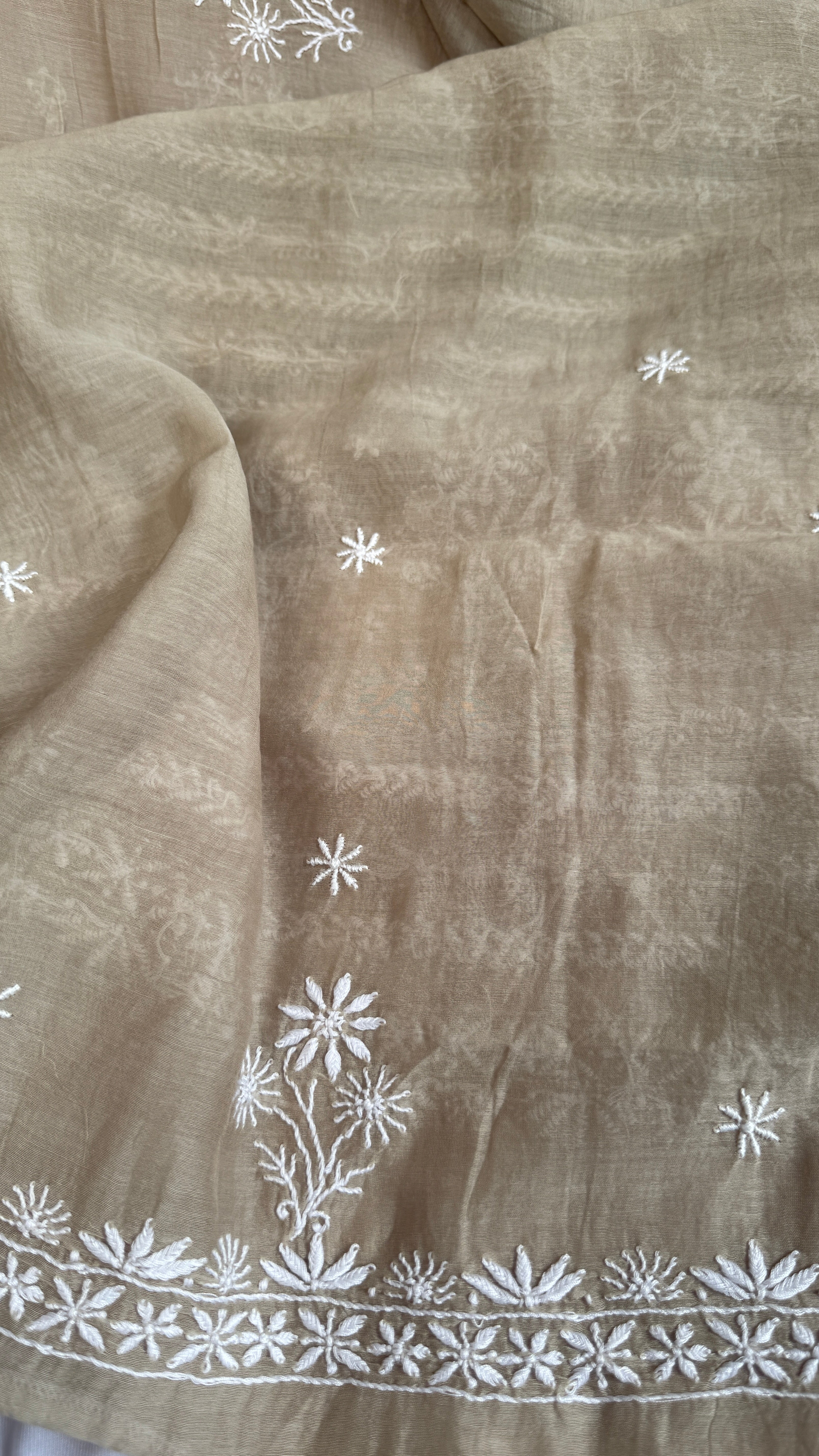 Pure Mul Chanderi Chikankari saree in Pastel Grey Beige