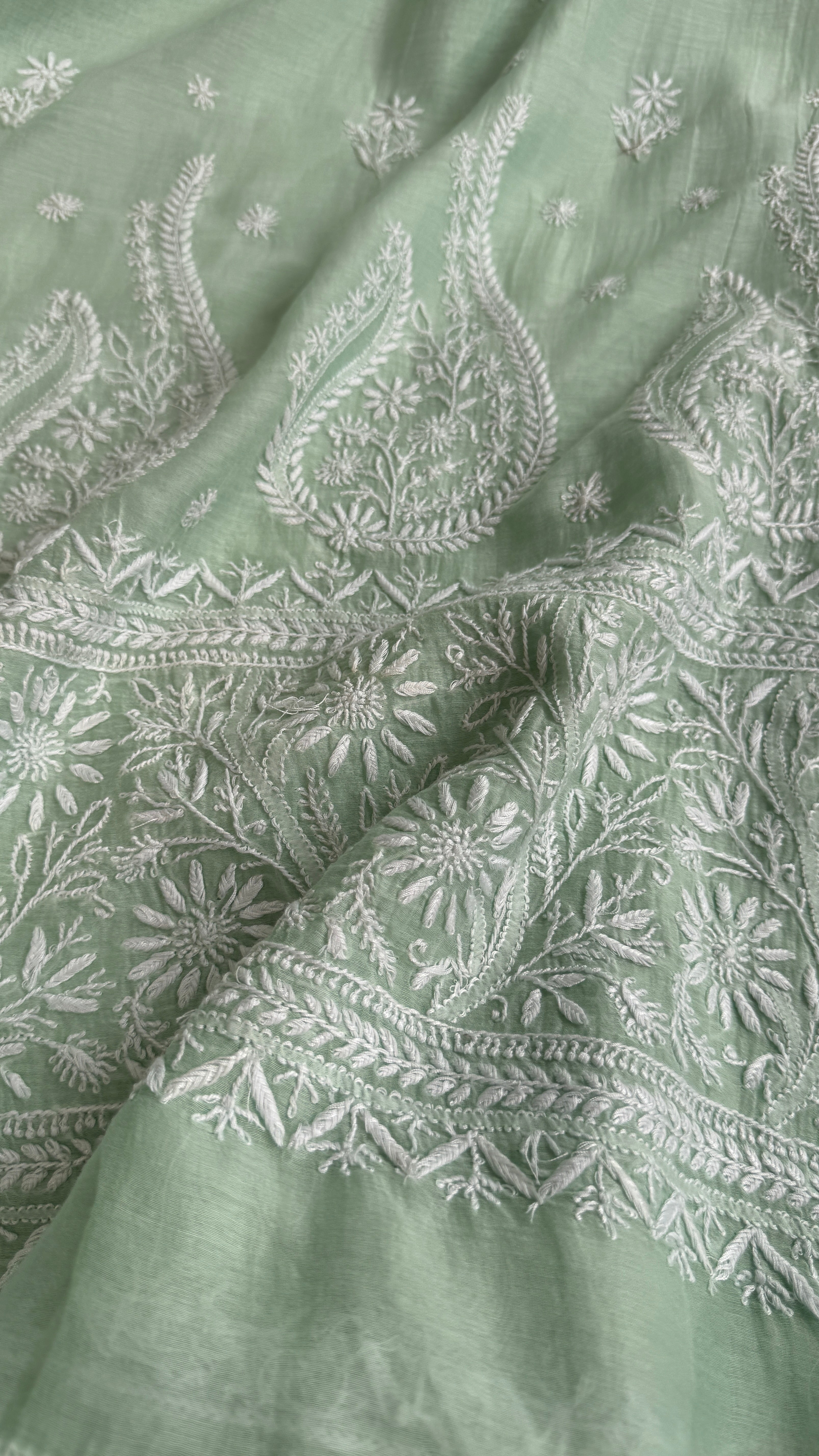 Pure Mul Chanderi Chikankari saree in Green
