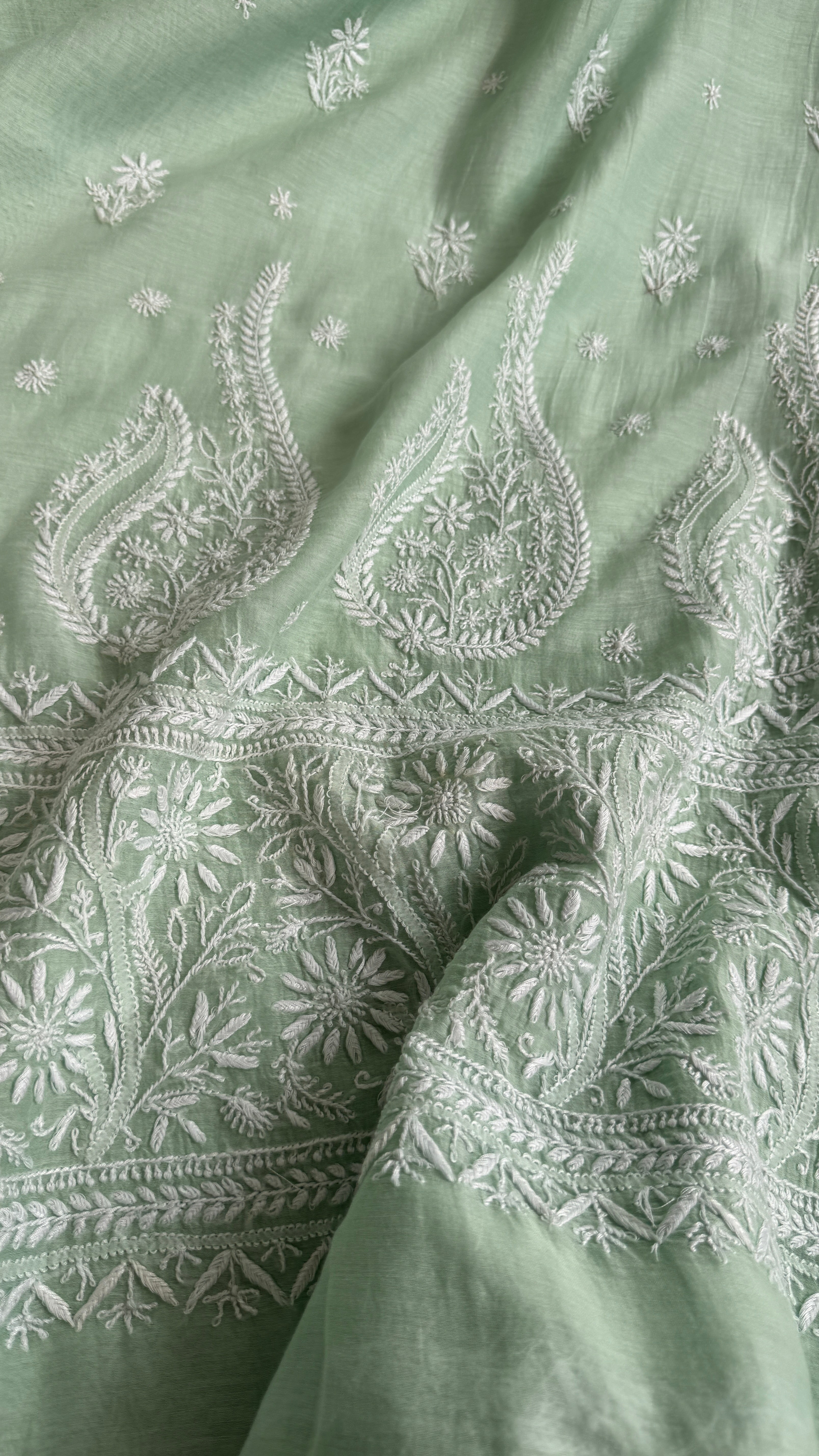 Pure Mul Chanderi Chikankari saree in Green
