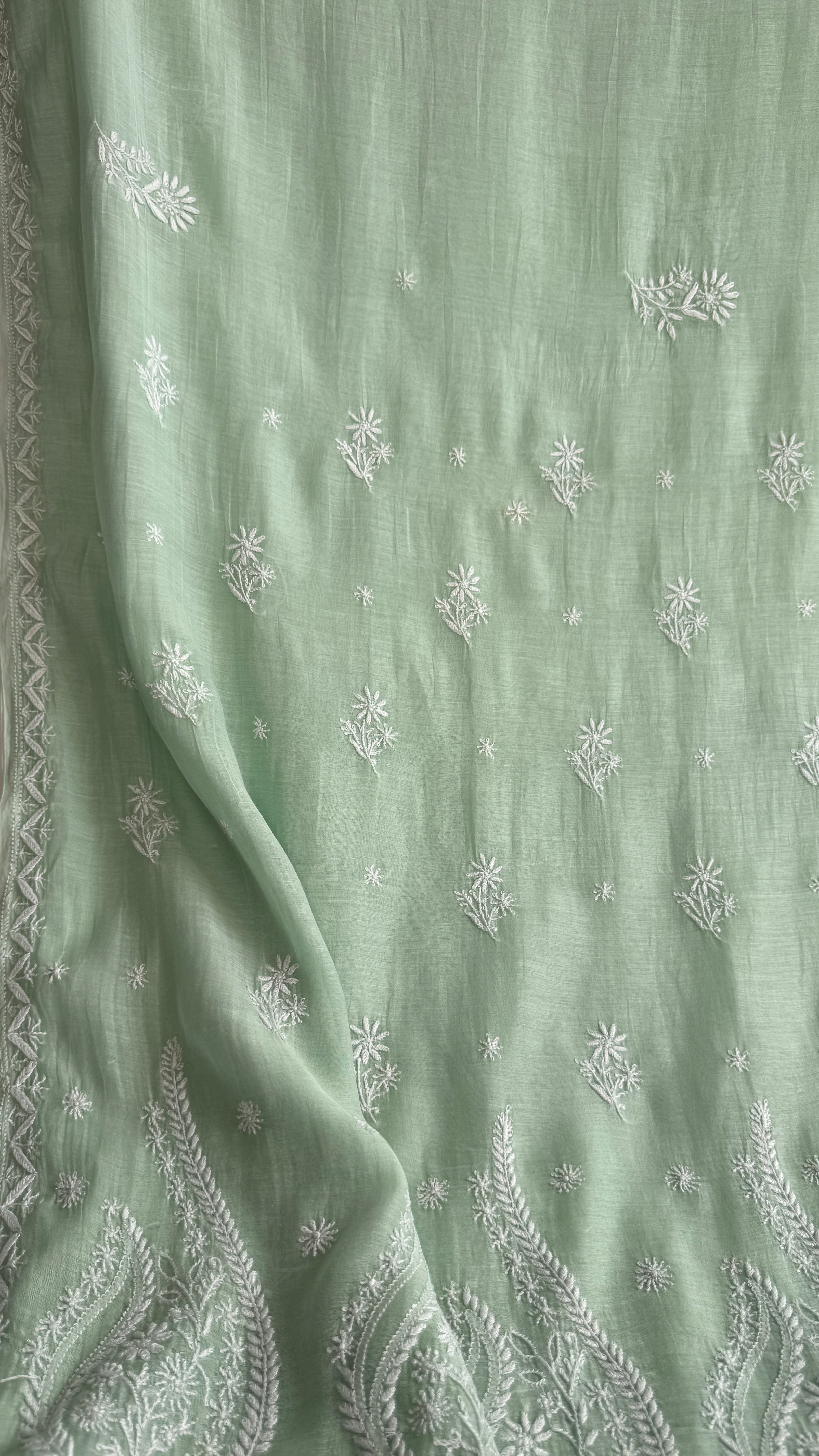 Pure Mul Chanderi Chikankari saree in Green