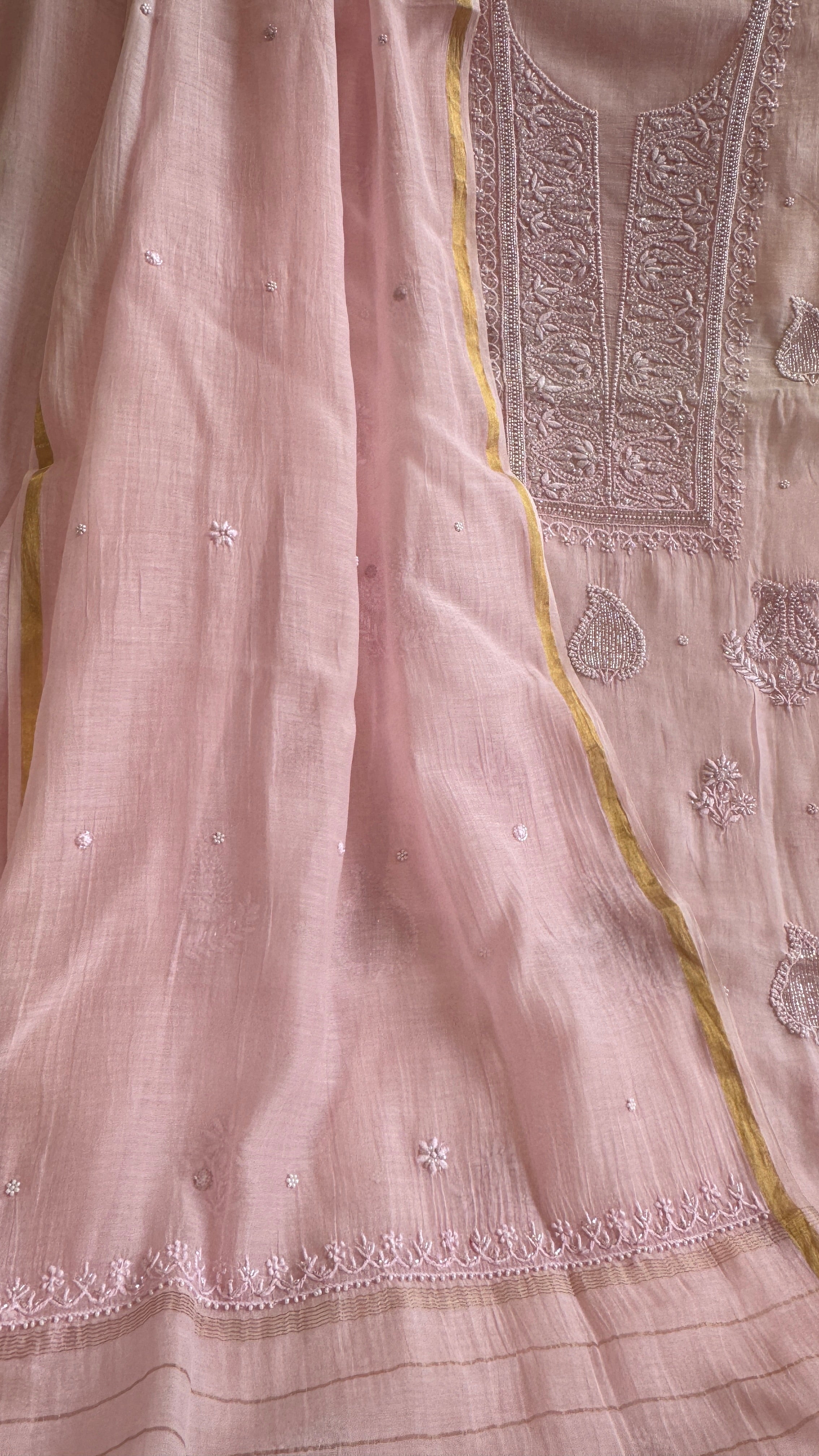 Mul Chanderi Length with Dupatta (with Pearl) - Baby Pink
