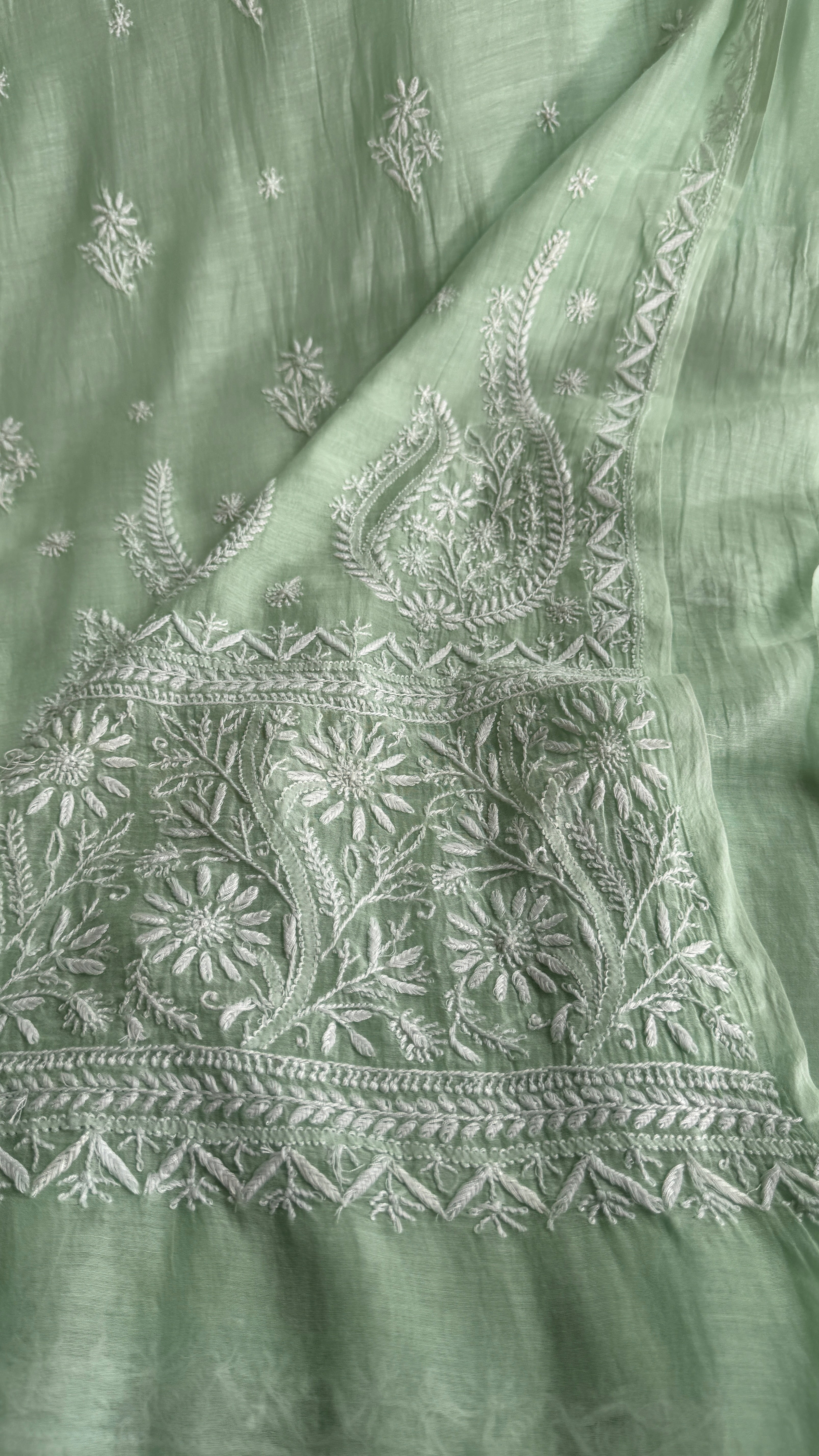 Pure Mul Chanderi Chikankari saree in Green