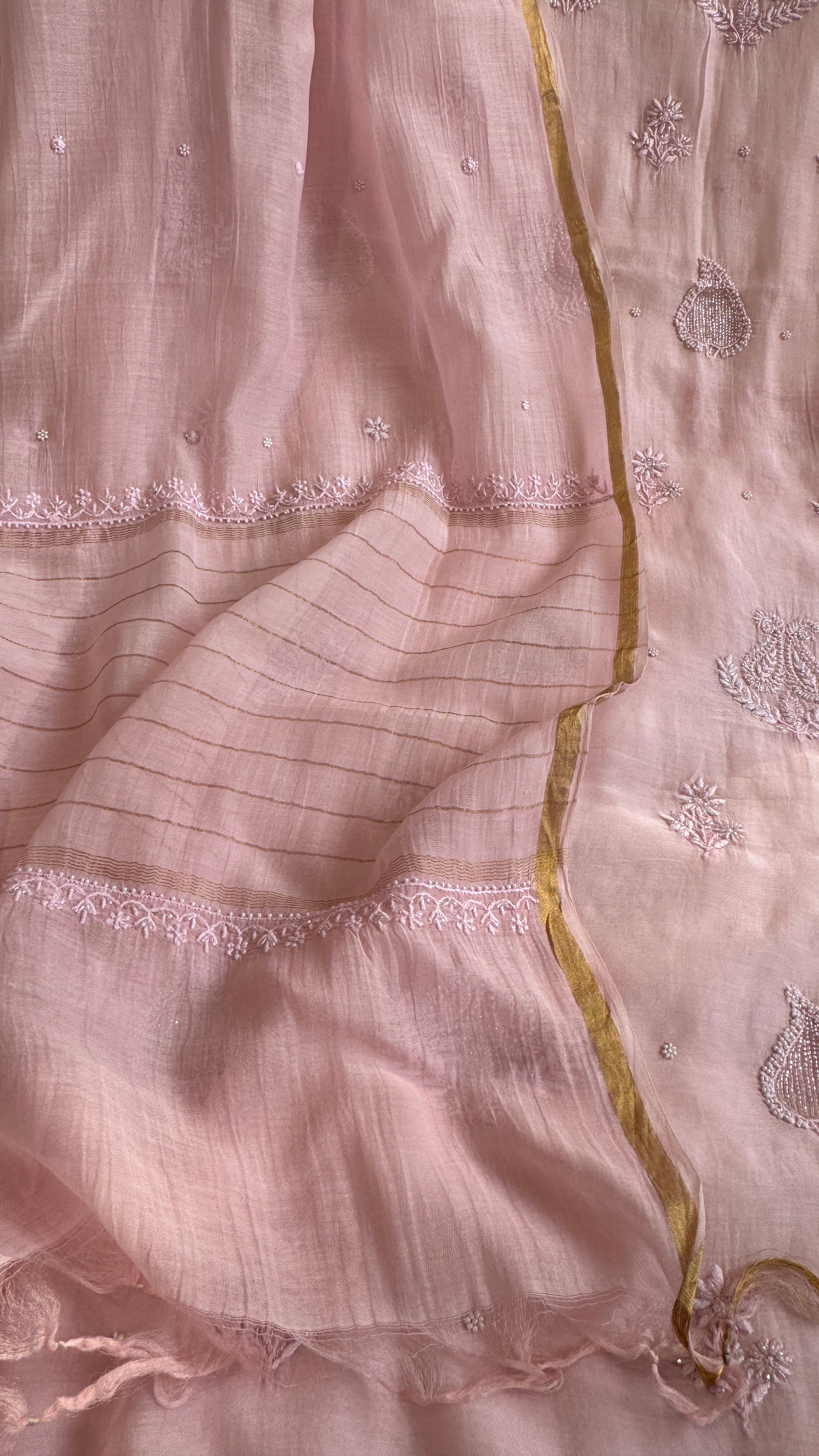Mul Chanderi Length with Dupatta (with Pearl) - Baby Pink
