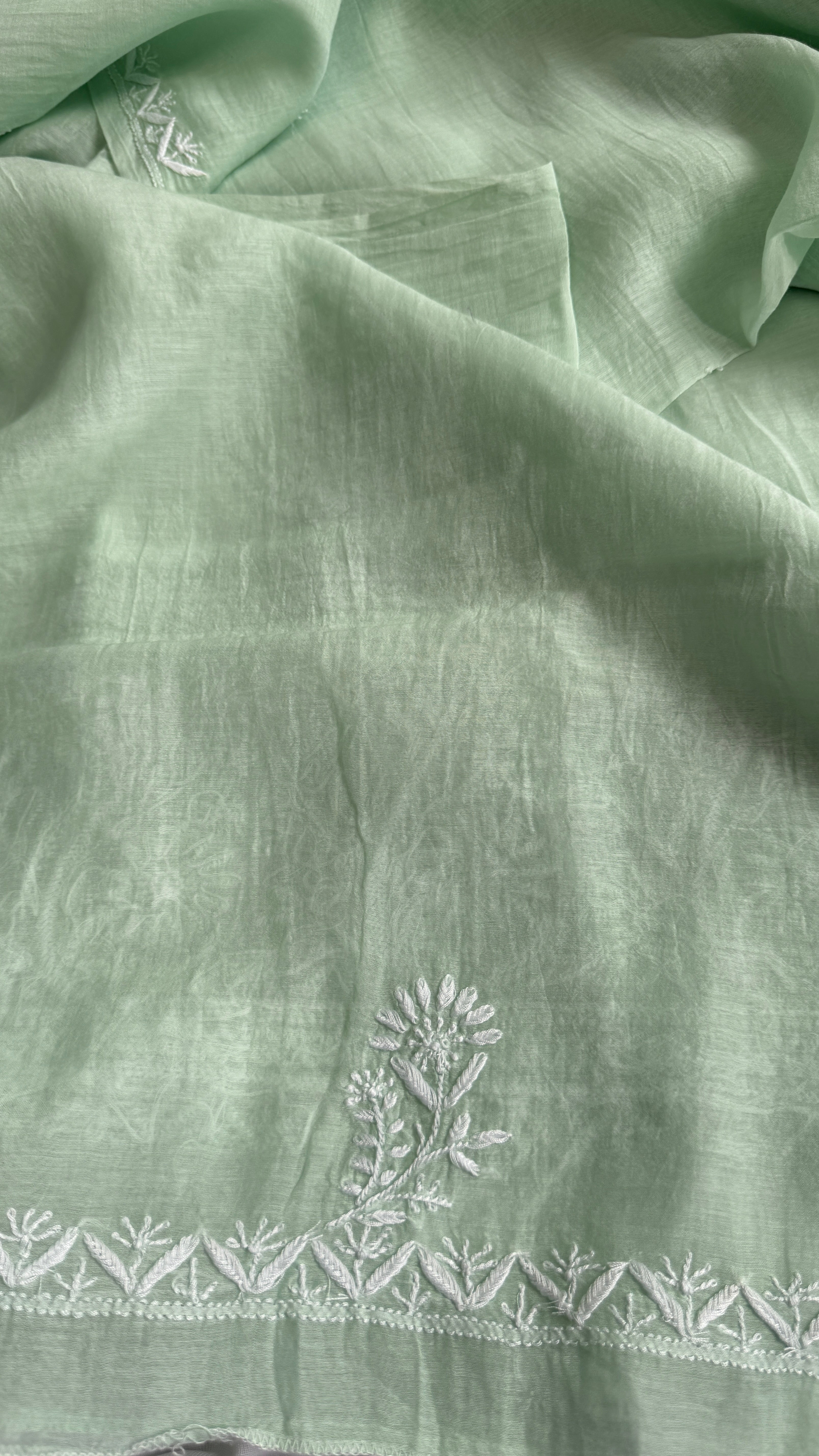 Pure Mul Chanderi Chikankari saree in Green