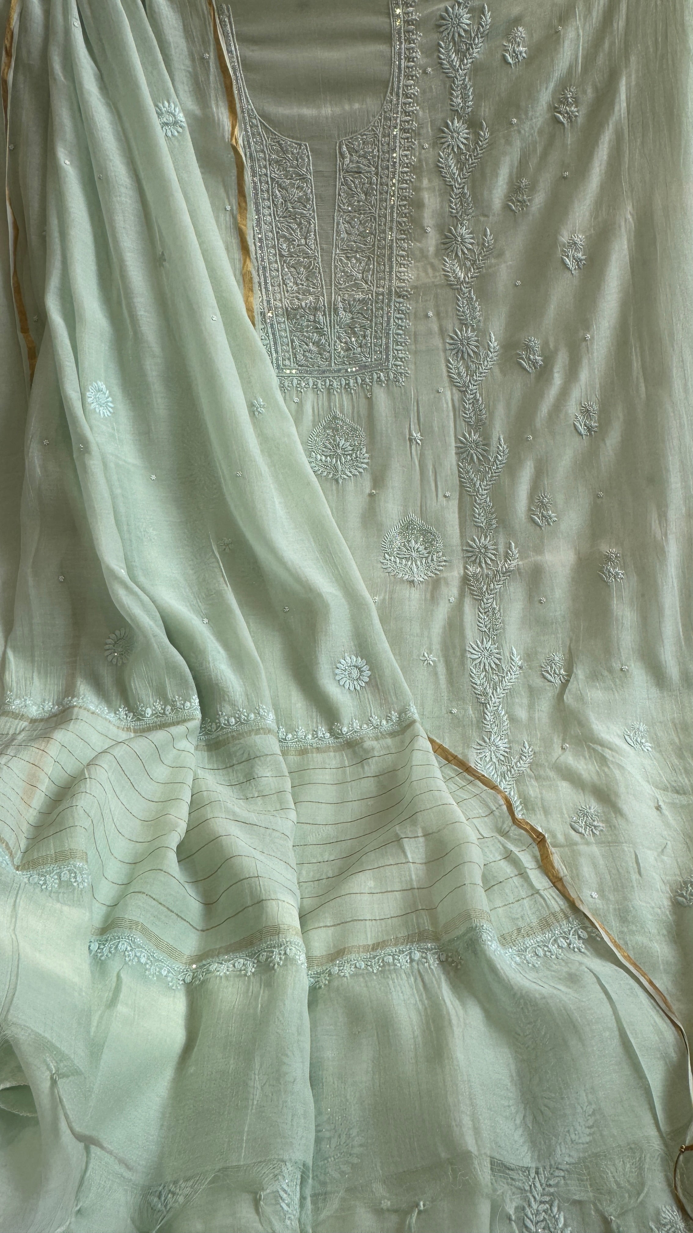 Mul Chanderi Chikankari Length with Dupatta (with Pearl) - Sheen Green